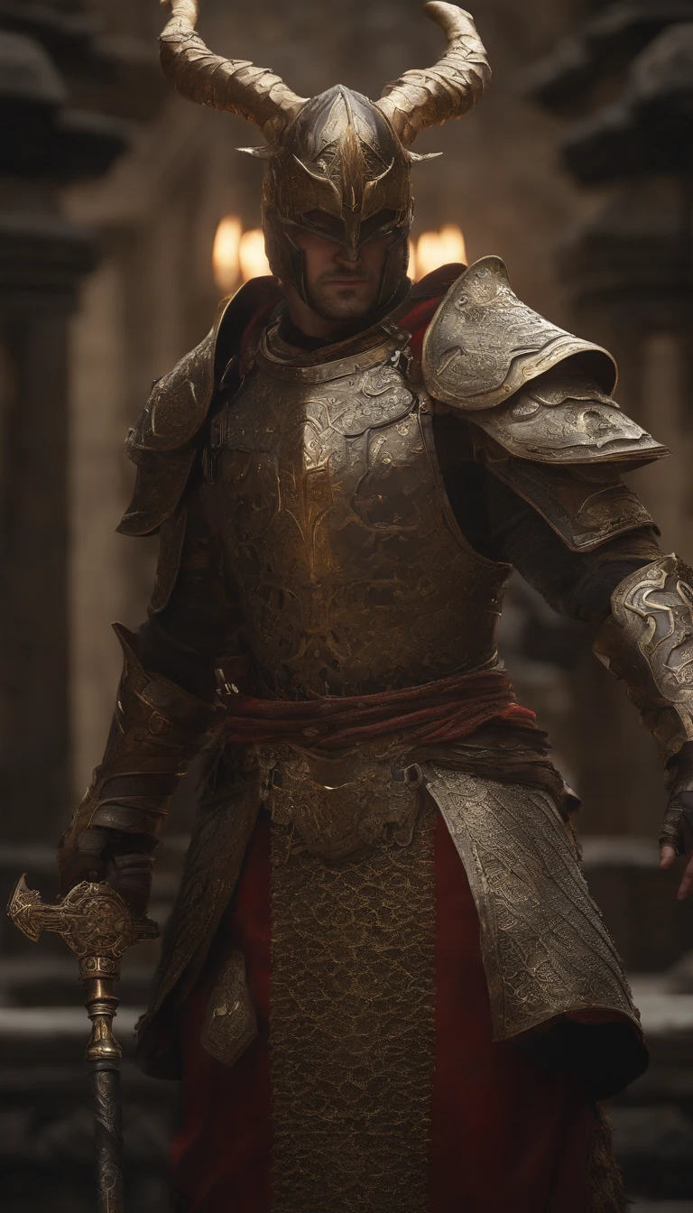warrior, concept-art, author:Kishiganku, Fantasy art, battleground background, clean render, a horned, Wear a suit of armor, Detailed bushido form smoke, helmet of a forgotten deity, character is standing, 8k Realistic, in game render, detailed face background detail, Art station front page, taur, Pseudo-medieval fantasy, A deity wearing koi armor, detailed bronze armor, Bronze armor, golden etched armor, gold obsidian armor, Light gold armor, Gorgeous filigree armor, A demonic warrior, Gorgeous armor full of thorns, Intricate assasin armor, Intricate metal armor, powerful warrior, Dressed in gorgeous gold armor,Decorated with intricate patterns, The helmet has a large crown and two horns,Glowing red eyes, Everything is in the dark, The smoky background hints at battle scenes, Add an ominous aura to his character,submission, Full body shot.fully body photo