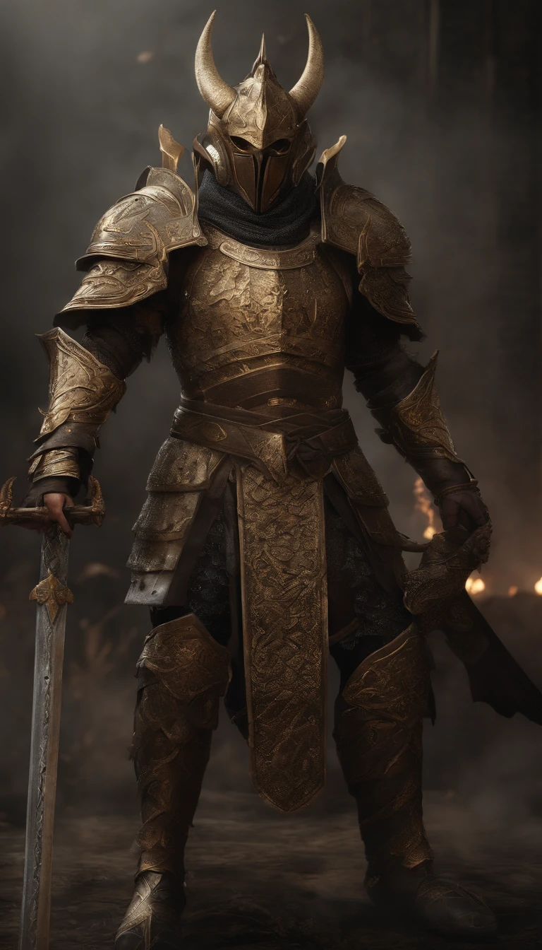 warrior, concept-art, author:Kishiganku, Fantasy art, battleground background, clean render, a horned, Wear a suit of armor, Detailed bushido form smoke, helmet of a forgotten deity, character is standing, 8k Realistic, in game render, detailed face background detail, Art station front page, taur, Pseudo-medieval fantasy, A deity wearing koi armor, detailed bronze armor, Bronze armor, golden etched armor, gold obsidian armor, Light gold armor, Gorgeous filigree armor, A demonic warrior, Gorgeous armor full of thorns, Intricate assasin armor, Intricate metal armor, powerful warrior, Dressed in gorgeous gold armor,Decorated with intricate patterns, The helmet has a large crown and two horns,Glowing red eyes, Everything is in the dark, The smoky background hints at battle scenes, Add an ominous aura to his character,submission, Full body shot.fully body photo