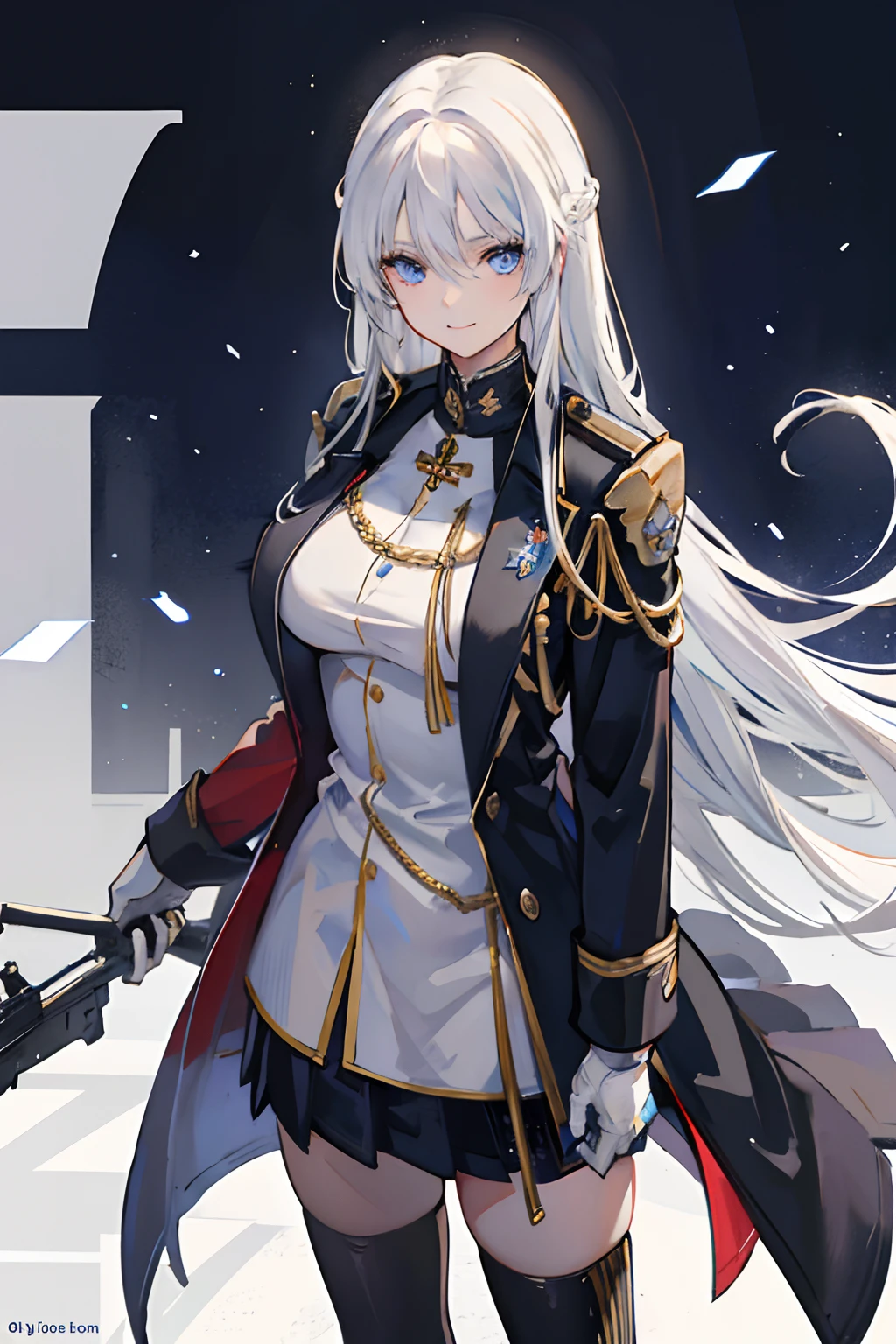 Best quality, masterpiece, 1girl, white hair, uniform, coat, large breasts, looking at viewer, warm smile, blue eyes, long hair, military uniform, standing