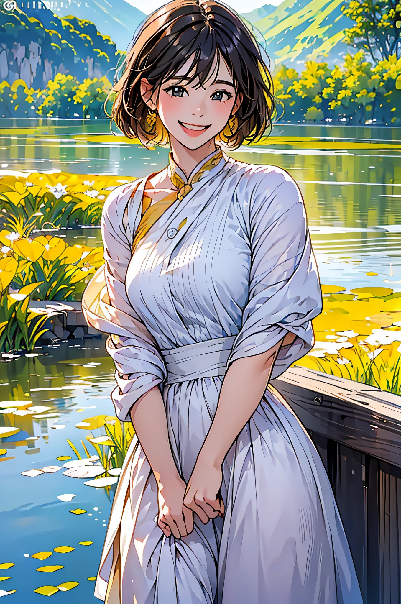in 8K、top-quality、​masterpiece:1.2)、1人の女性、(Smiling smile:1.1)、beautidful eyes、Valley、The upper part of the body、shorth hair、Like a boy、Colossal tits、Yellow view、