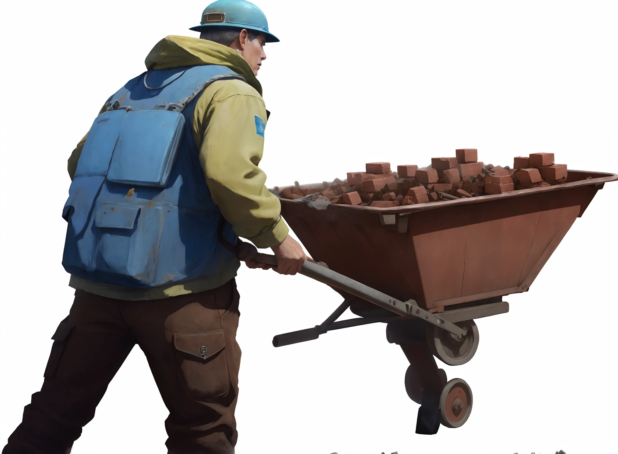 A man pushes a cart full of bricks, photorealestic,Mining scrap metal, mine cart, You Steinut, foreground background, Construction, artistation render, smelters, farmer, high quality rendering, Mining, Drag a bunch of chains, (Rust),