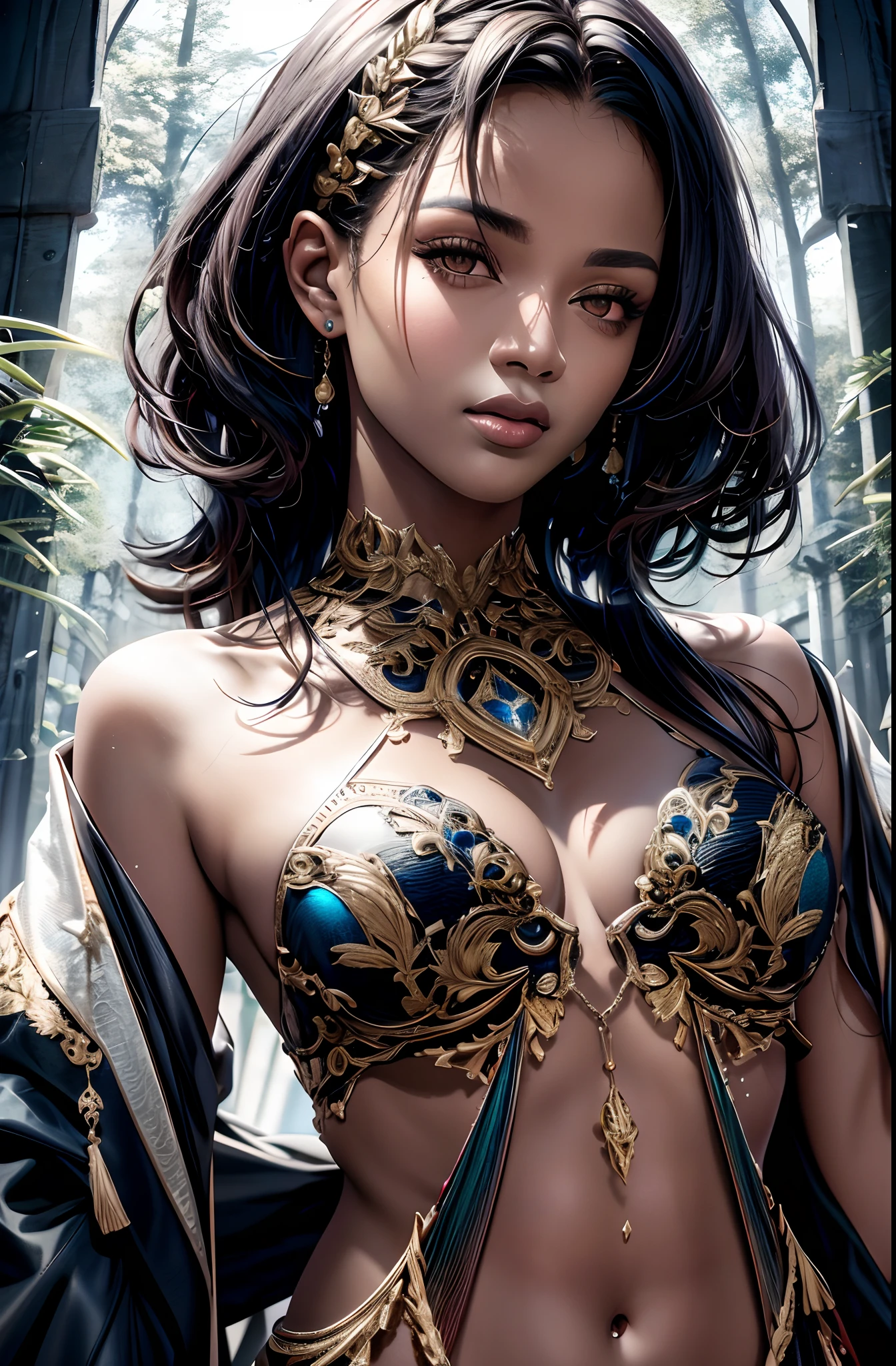 mulher negra,[rainha_tatuagem], vivid colors, Atmospheric,sorrir, elegante, Borboletas, flores florescendo, em movimento,Detailed medieval gothic portrait of cyberpunk style, futurista (Neon light: 1.1) Desgaste reflexivo, scientific fiction, Robot Parts, Gold Parts, Face of the Cinematic Light Machine, reflexos, polido ef 50mm, ((arte por Greg Rutkowsky)), (ghibli studio :1.1), Artgern, arte, illustration, ((Ambiente escuro)), ((Vegnette)), ((HDR)) ((Minimum palette colors)), tons suaves, cores suaves, cores escuras, calmas, cores pastel altamente detalhes, dramatic and intricate details, corpo inteiro,PlayStation 5 graphics,rosto detalhado,Realistic texture, organic composition,Detalhador Furtástico,Foto bruta 8K, olhos perfeitos, Realistic,vivid color,afro-mulher