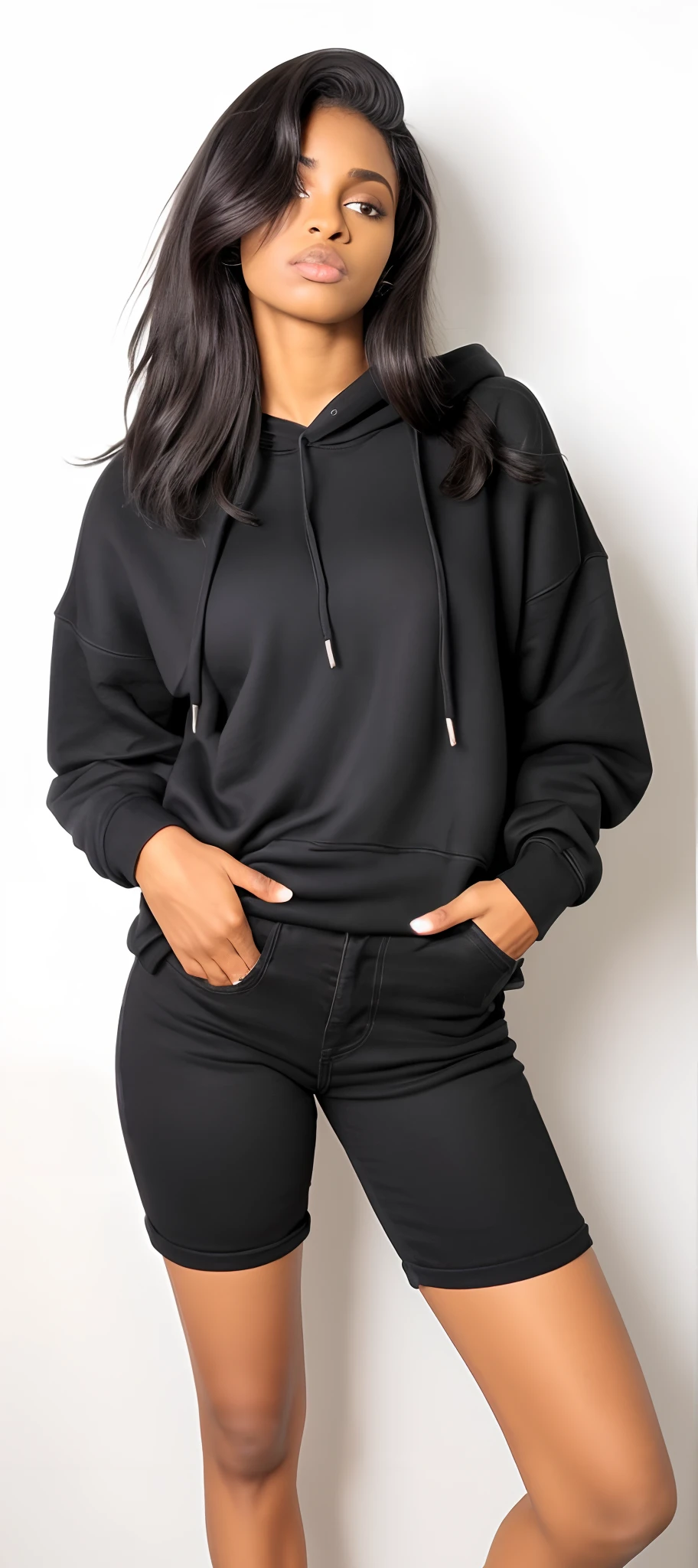 uma mulher com capuz preto e shorts posando para uma foto, capuz preto, usando um capuz preto, usando um capuz oversized, Capuz Oversized, vestido capuz preto, em um moletom preto, black sweater, usando capuz, wearing jeans and a black hoodie, roupas pretas oversized, Hodie Mihi Cras Tibi, menina vestindo capuz, usando um capuz, Capuz Preto