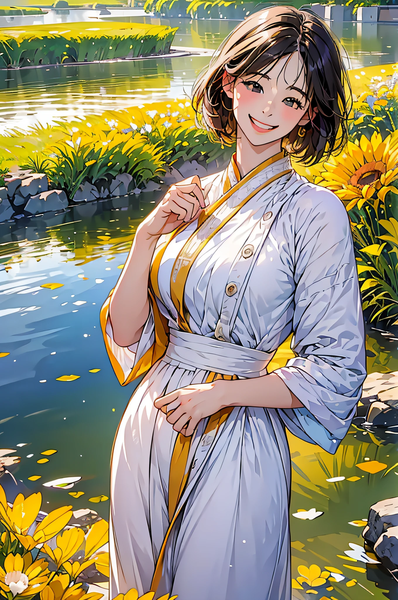in 8K、top-quality、masterpiece:1.2)、1人の女性、(Smiling smile:1.1)、beautidful eyes、Valley、The upper part of the body、shorth hair、Like a boy、Colossal tits、Yellow view、