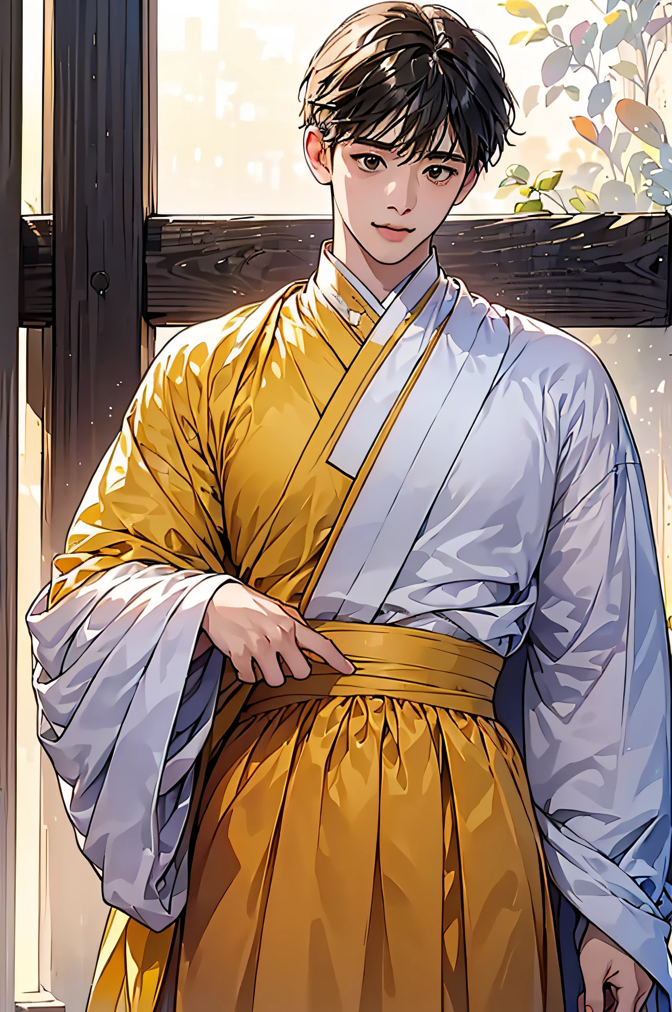 (in 8K、top-quality、masterpiece:1.2)、1 boy、short-haired、Hair short、Brown-skinned、Yellow view、