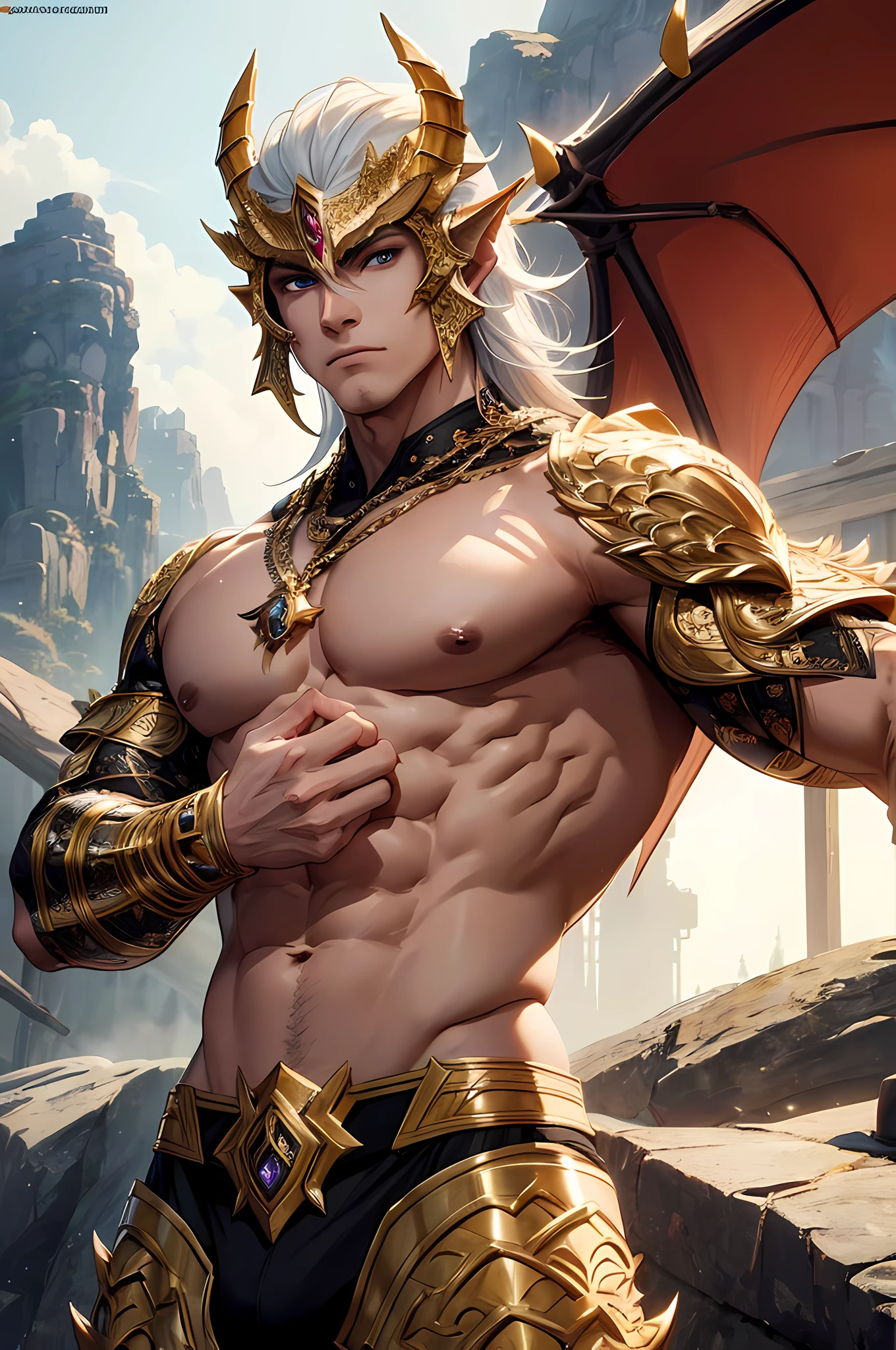 Top quality, Photorealistic, 8K, High Definition, Unity 8K wallpaper, high res, ultra sharp, masterpiece, ((masterpiece)), best quality, expressive eyes, perfect face, detailed face, detailed eyes, masterpiece, highly detailed exquisite character art, epic fantasy digital art style, detailed digital 3D fantasy art, ultra-realistic, detailed body, detailed pectorals, male focus, bare pectorals, strong, shiny scales, golden dragon, detailed muscles, dragon humanoid, ((male anthro-dragon))