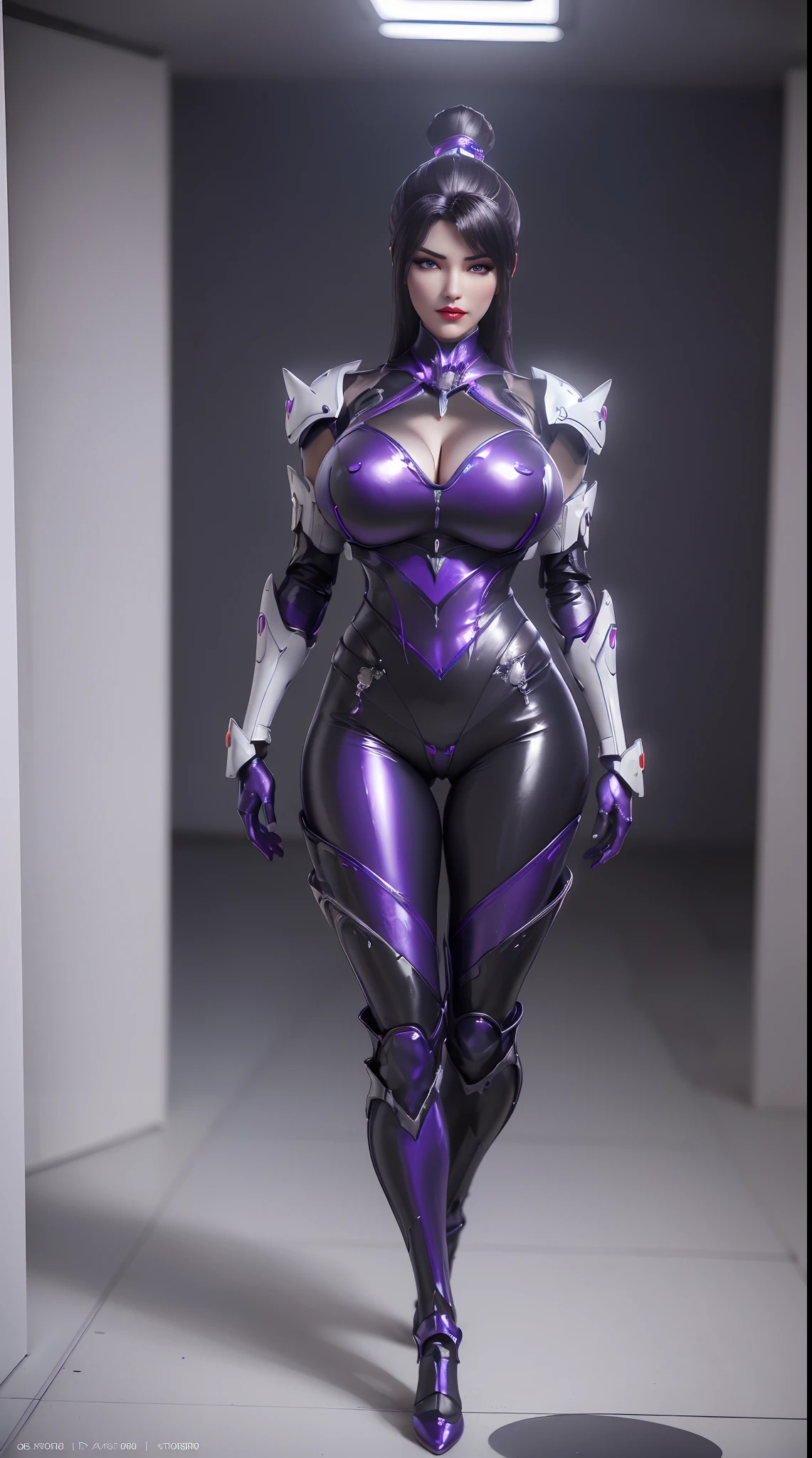 (1GIRL,SOLO:2), (super detailed face), ((black long hair)), ((BIG BUTTOCKS, HUGE FAKE BREASTS:1.5)), (CLEAVAGE TOP:1.5), (MUSCULAR ABS:1.2), (MECHA GUARD ARM:1.4), ((WEAR PURPLE WHITE MECHA OVERWATCH ARMOR SUIT, BLACK MECHA SKINTIGHT SUIT PANTS, MECHA GUARD ARMOR LEGS, HIGH HEELS:1.5)), (LEWD VOLUPTUOUS BODY:1.3), (GLOWING SKIN:0.8), (LONG LEGS, FULL BODY:1.1), (LOOKING AT VIEWER:1.3), (female focus:0.886), (WALKING DOWN HALLWAY OF FUTURISTIC SPACE STATION:1), (BRIGHT LIGHT WHITEROOM:1.3), SUPER TEXTURE, UNREAL ENGINE RENDER, PHYSICALLY-BASED RENDERING, ULTRA HIGHT DEFINITION, 16K, 1080P.