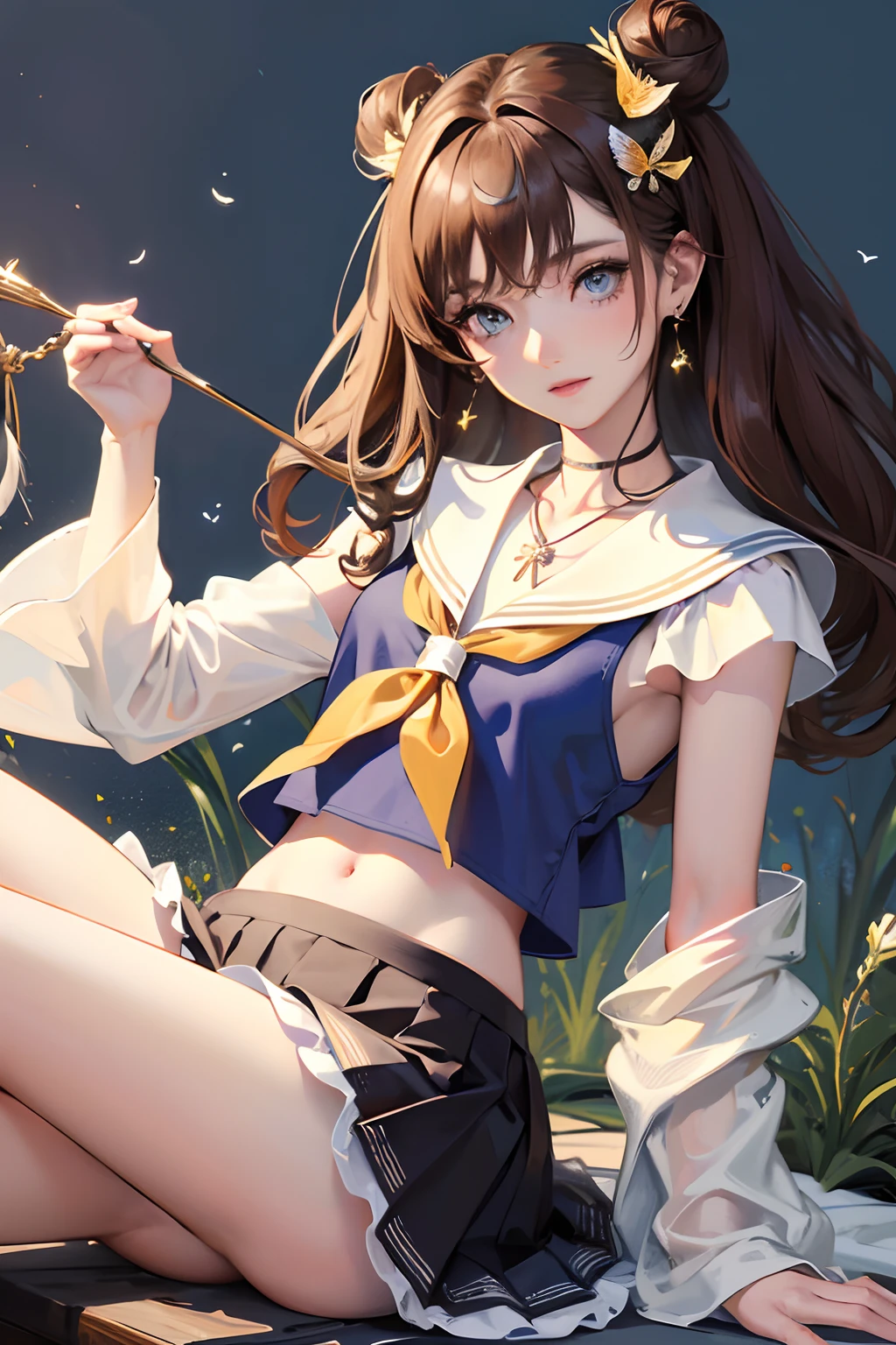 Masterpiece, Best quality, stars, flower field, Real, Realistic, Huge_filesize, the wallpaper, Girl, Medium hair, Brown hair, Wavy hair, shairband, hair-bun, Butterfly hair ornaments, feathers hair ornament, bow hair band, Light smile, Blue eyes, Small breasts, Sailor dress, Miniskirt, Crop top, White pantyhose, Earrings, pendant, jewelry, Collar, necklace, hair pin, Hair_ribbon, Crossed_Legs, Spread legs, Adjust hair,