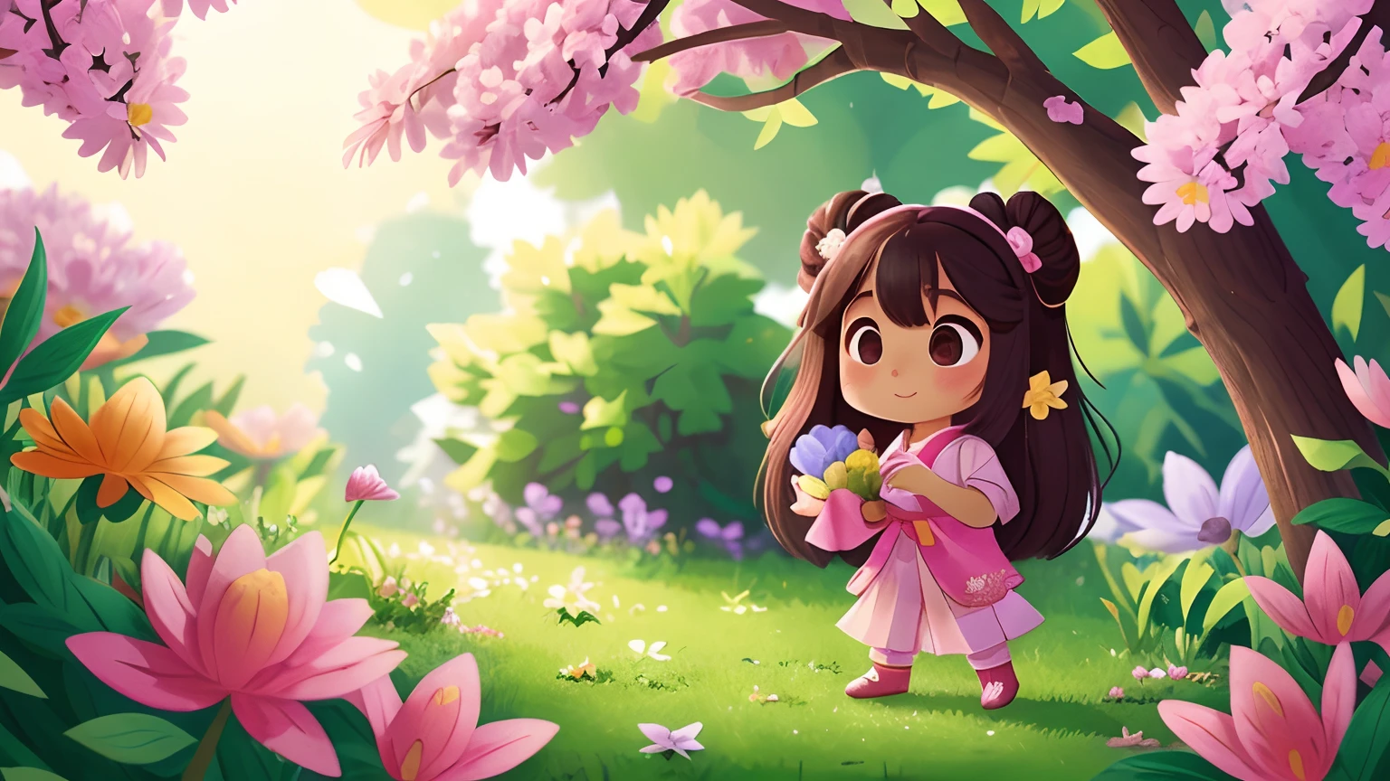 In a cute long-haired Zhuang little girl wearing pink Zhuang costume,Holding a piece of cloth and looking at it,The environment is outdoor,Flowers and trees,colorful flower(Best quality, 4K, A high resolution), Ultra-detailed, (Realistic:1.37), sportrait, Vivid colors, Natural lighting.
