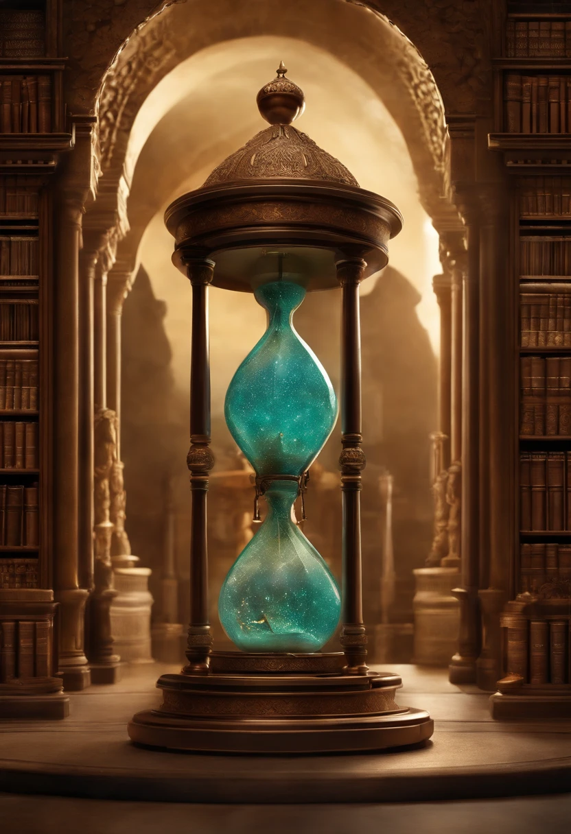 The Time-Slowing Draught is encased in an opulent, hourglass-shaped vial, placed atop an intricately carved pedestal with etchings of celestial bodies and the sands of time. This detailed setting enhances the timeless aura within the ancient, dusty library, inviting exploration of temporal secrets.