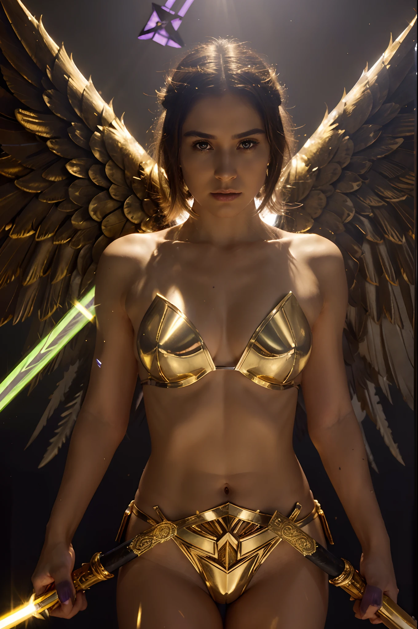 (best quality,ultra-detailed),
golden sword with angel wings as cross,
gleaming razor blade resembling a lightsaber with a white glow,
handle adorned with an amethyst