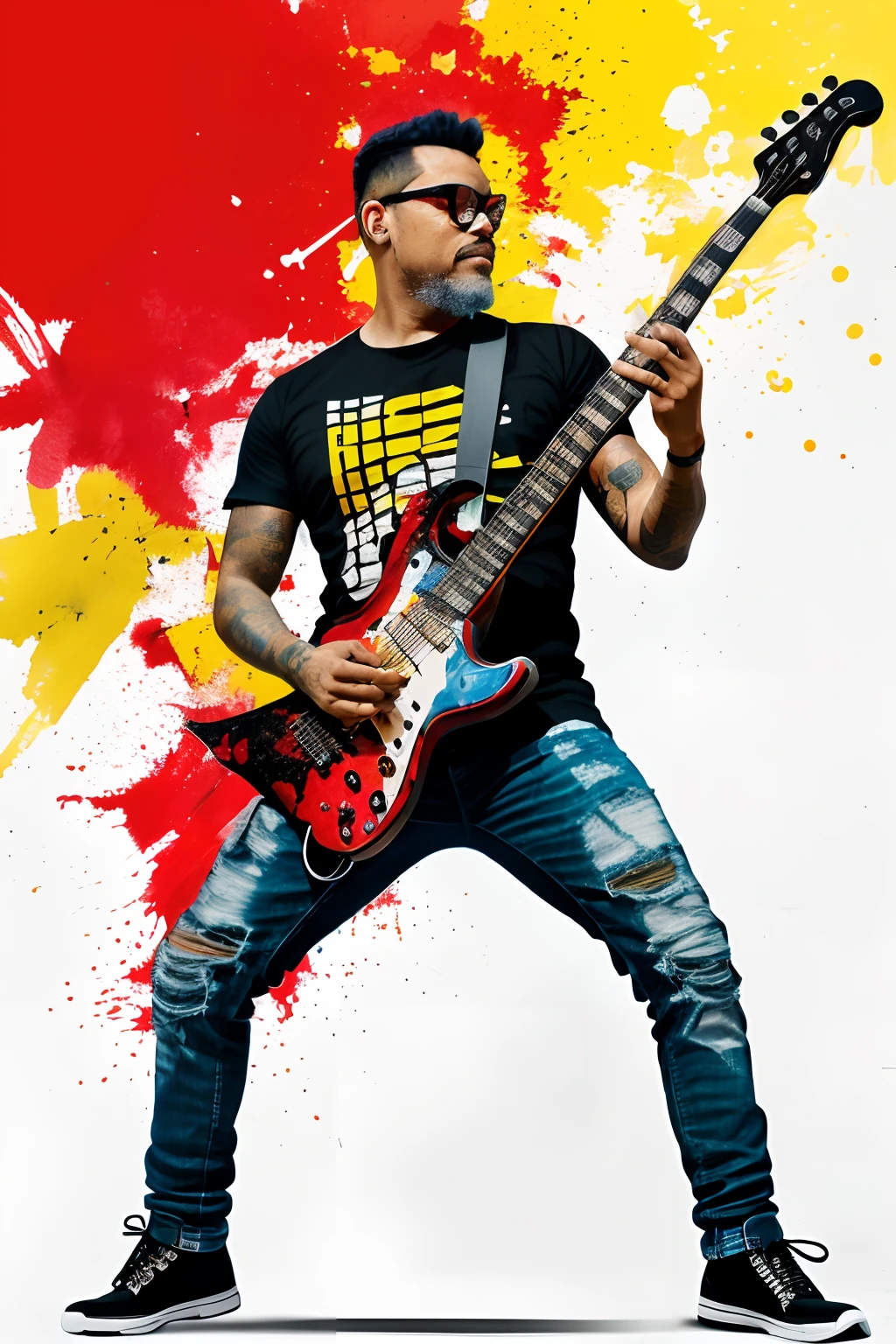 guttojugg1, Imagine a T-shirt print in a colorful splatter paint style featuring a man wearing glasses, a black rock T-shirt, black ripped jeans, and black combat boots, playing a Stratocaster guitar in a virtuoso pose. This illustration is highly detailed with intricate splashes of red, yellow, black, and blue. The background is white, accentuating the vibrant and expressive design. The T-shirt itself is not included in the scene; only the print is visible.