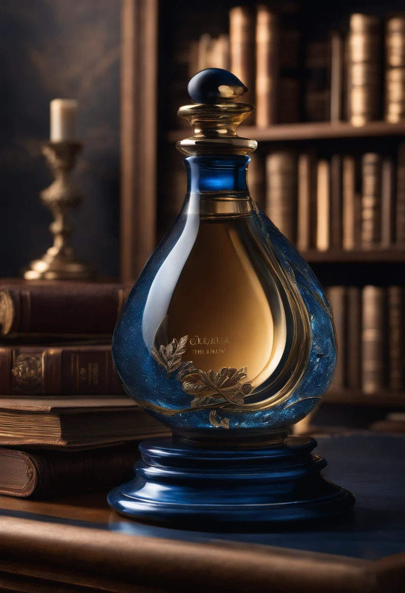 The Language Elixir, enclosed in an exquisite bottle, boasts a fusion of vibrant blue and golden-hued potion, contained within a translucent, crystalline vessel. It is prominently displayed on a polished mahogany library table, accentuating its aura of profound knowledge. The elixir radiates a gentle, ethereal glow, illuminating the nearby volumes of ancient tomes that are artfully arranged on the table's surface. As you take in the scene, the calm, ambient lightning softly bathes the room in a soothing, otherworldly luminance. In the background, towering bookshelves with an assortment of leather-bound classics stand as silent sentinels to the pursuit of knowledge. The meticulous attention to detail results in a hyper-realistic, photo-realistic tableau, inviting you to immerse yourself in the enchanting world of language and literature, where the elixir embodies the very essence of linguistic wonder.