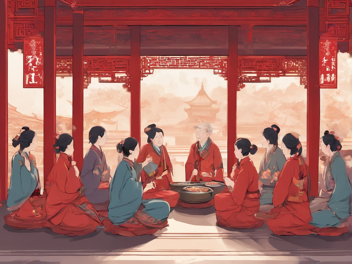 # Stable diffusion cues:
A (Best quality, 4K, 8K, High-res, Masterpiece:1.2), Ultra-detailed, (Realistic, Photorealistic, photo-realistic:1.37) Depicting chinoiserie scenes. in front of temple, There were two old women with gray hair wearing traditional red dresses, Sit on a small stool. Next to it are two large bowls,There is no lid, Aromatic, Hot porridge. many people around, Eagerly holding the bowl, Wait to serve with porridge. Natural sunlight illuminates the beautiful scene, creating a warm and inviting atmosphere. vibrant with colors, Mix red, gold, and earth tones, Embodies traditional Chinese aesthetics. The overall composition is balanced, With the temple as a backdrop. The details of the temple architecture are intricate, Showcasing a rich cultural heritage. The old woman had a kind and wise expression on her face, Exudes a feeling of warmth and tranquility. The surrounding crowd is varied, Including men, Women, and children of different ages, All eagerly waiting to enjoy a delicious meal together. The atmosphere is full of anticipation and happiness, Create a sense of community and solidarity.