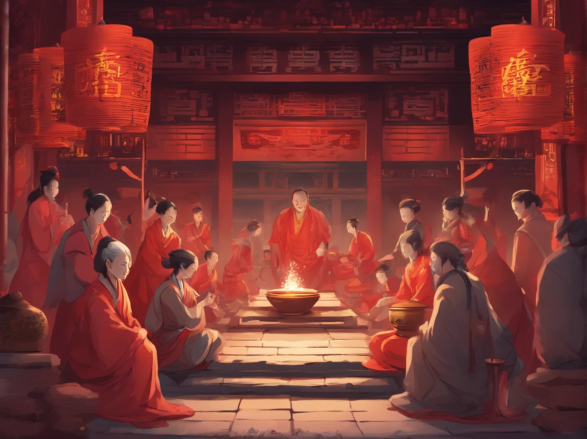 # Stable diffusion cues:
A (Best quality, 4K, 8K, High-res, Masterpiece:1.2), Ultra-detailed, (Realistic, Photorealistic, photo-realistic:1.37) Depicting chinoiserie scenes. in front of temple, There were two old women with gray hair wearing traditional red dresses, Sit on a small stool. Next to it are two large bowls,There is no lid, Aromatic, Hot porridge. many people around, Eagerly holding the bowl, Wait to serve with porridge. Natural sunlight illuminates the beautiful scene, creating a warm and inviting atmosphere. vibrant with colors, Mix red, gold, and earth tones, Embodies traditional Chinese aesthetics. The overall composition is balanced, With the temple as a backdrop. The details of the temple architecture are intricate, Showcasing a rich cultural heritage. The old woman had a kind and wise expression on her face, Exudes a feeling of warmth and tranquility. The surrounding crowd is varied, Including men, Women, and children of different ages, All eagerly waiting to enjoy a delicious meal together. The atmosphere is full of anticipation and happiness, Create a sense of community and solidarity.