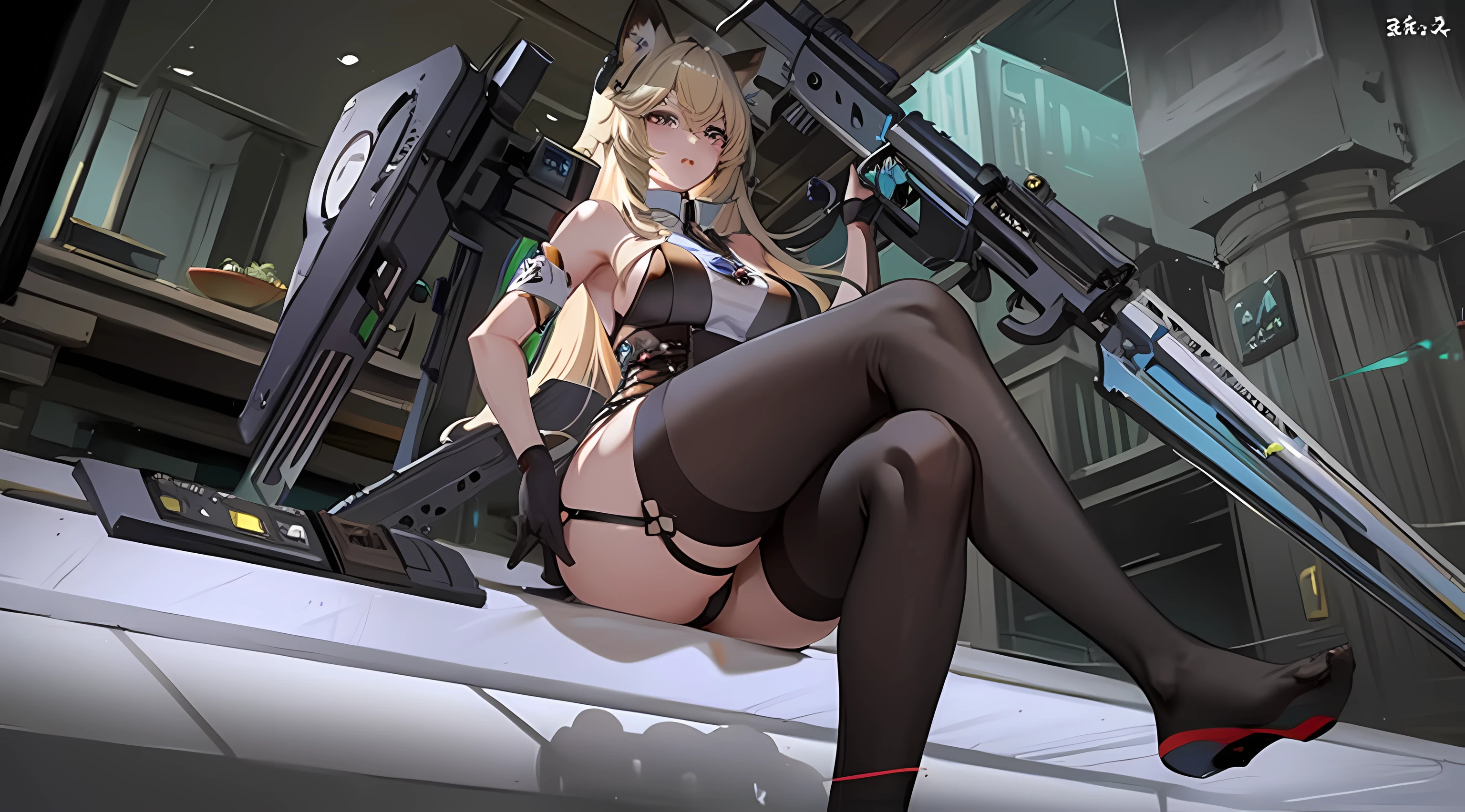 a close up of a person sitting on a table with a gun, master-piece, hyper quality, hyper detailed, perfect drawing, sharp eyes, fluffy, 1girl, animal ear fluff, animal ears, azur lane style, ass, girls frontline style, breasts, fox ears, fox girl, fox tail, large breasts, long hair, solo, tail, thighs, bare legs, barefoot, blonde hair, fingernails, background, holograph effects, science fiction