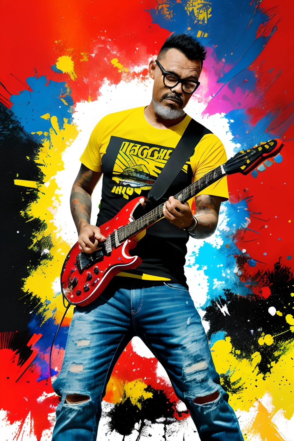 guttojugg1, Imagine a T-shirt print in a colorful splatter paint style featuring a man wearing glasses, a black rock T-shirt, black ripped jeans, and black combat boots, playing a Stratocaster guitar in a virtuoso pose. This illustration is highly detailed with intricate splashes of red, yellow, black, and blue. The background is white, accentuating the vibrant and expressive design. The T-shirt itself is not included in the scene; only the print is visible.