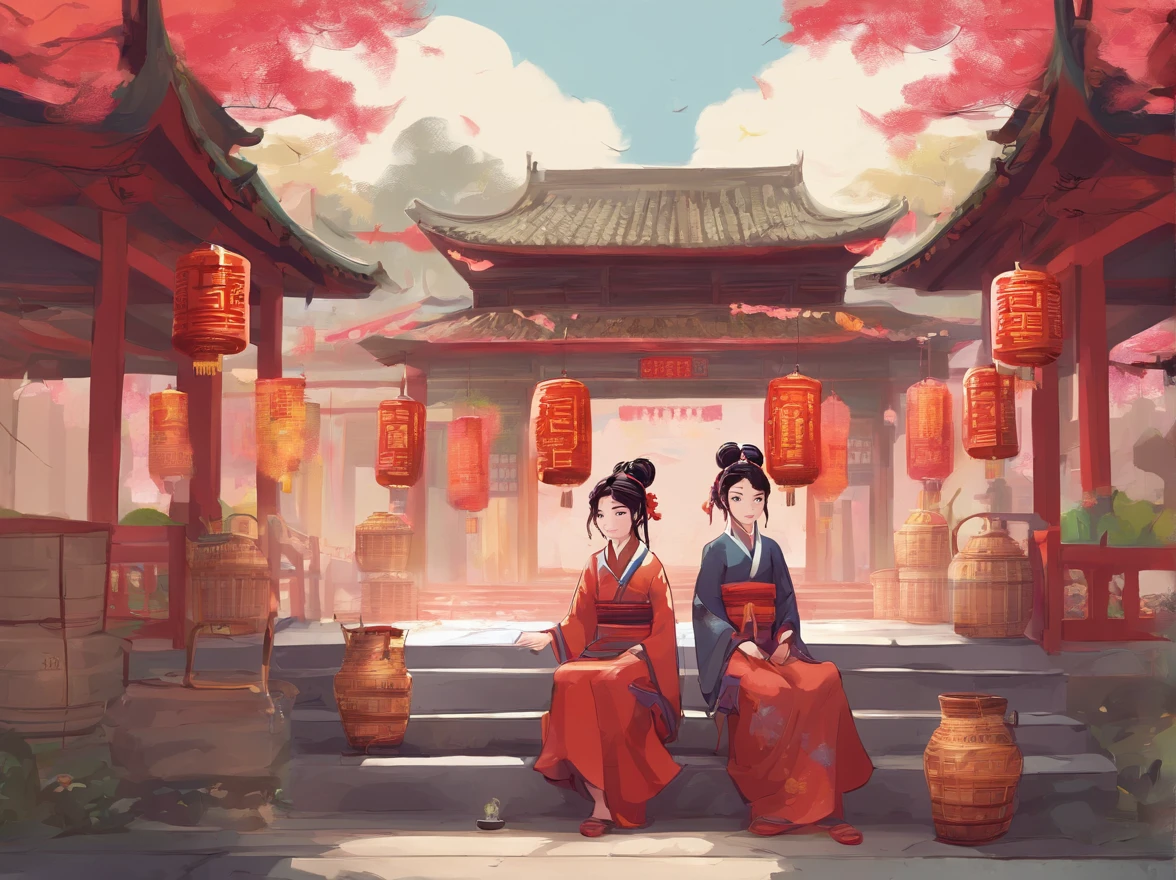 In front of the temple,Two women dressed in traditional Zhuang costumes sat on chairs,Next to them were two large porridge buckets,In the bucket is delicious hot porridge with fragrant aroma。On the two large porridge buckets, "Hua Po Porridge Fu" was written in red paper and yellow characters。