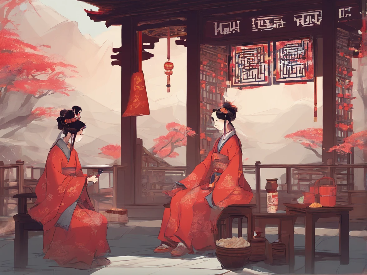 In front of the temple，Two women dressed in traditional Zhuang costumes sat on chairs，Next to them were two large porridge buckets，In the bucket is delicious hot porridge with fragrant aroma。On the two large porridge buckets, "Hua Po Porridge Fu" was written in red paper and yellow characters。