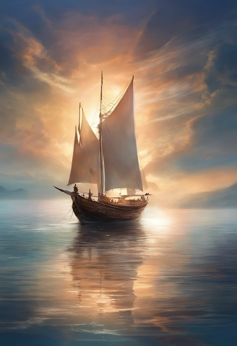 a boat on a calm sea, crafted entirely from musical notes as its sails with the movement of waves