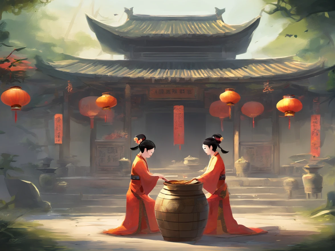 In front of the temple,Two women dressed in traditional Zhuang costumes sat on chairs,Next to them were two large porridge buckets,In the bucket is delicious hot porridge with fragrant aroma。Two large porridge buckets were pasted with yellow paper