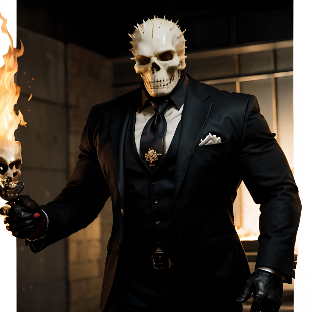 Ghost rider , muscled with huge pecs , hugge torso , huge arms , with a skull head like with fire , in suit with a tie ans spikes
