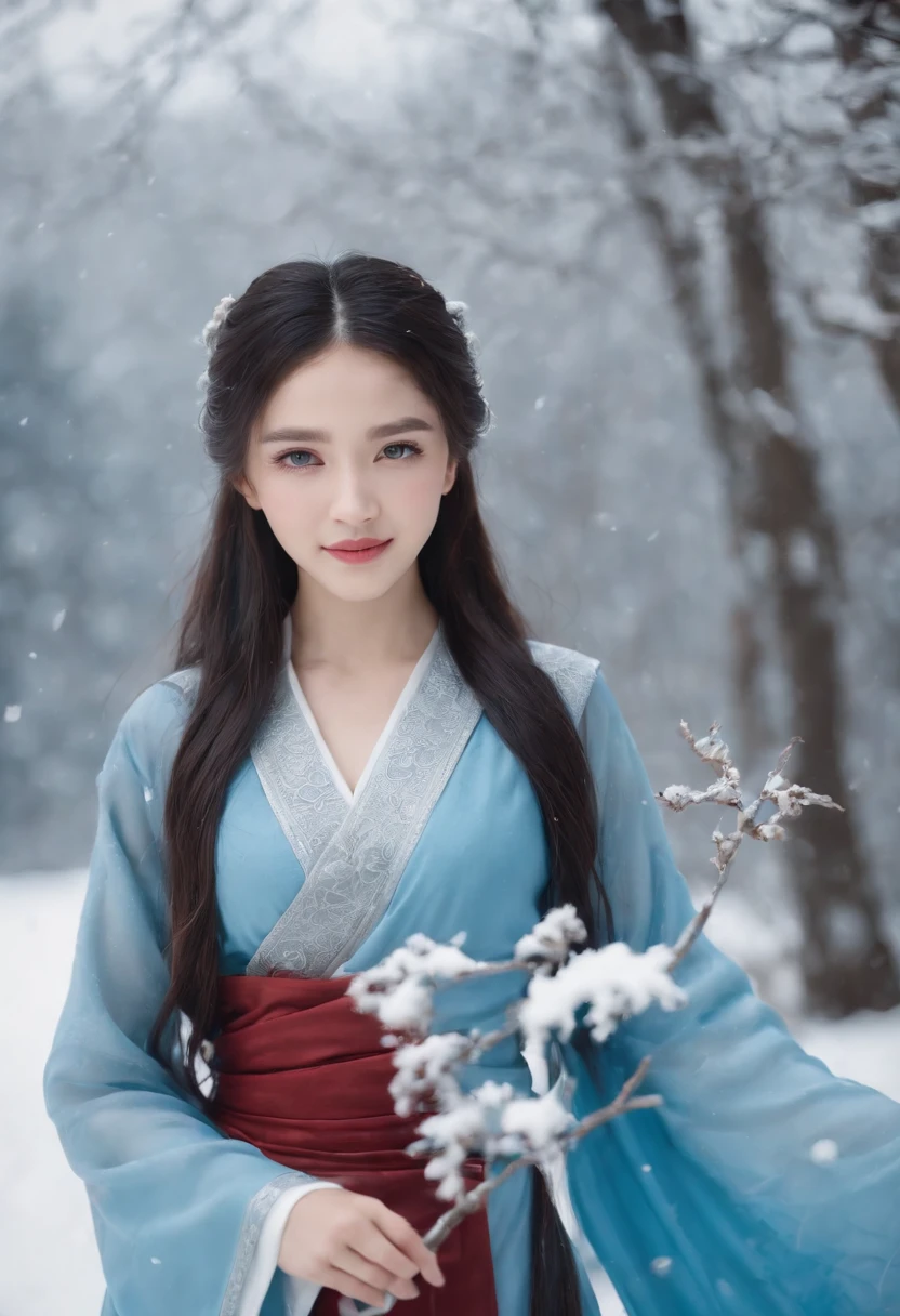Best quality, 4K picture quality, 1girl, Nadia, blue eyes, blue Hanfu, snow, long black hair fluttering in the wind, healing smile, large aperture, blurred background, superpowered girl, frost Giants, frost elemental
