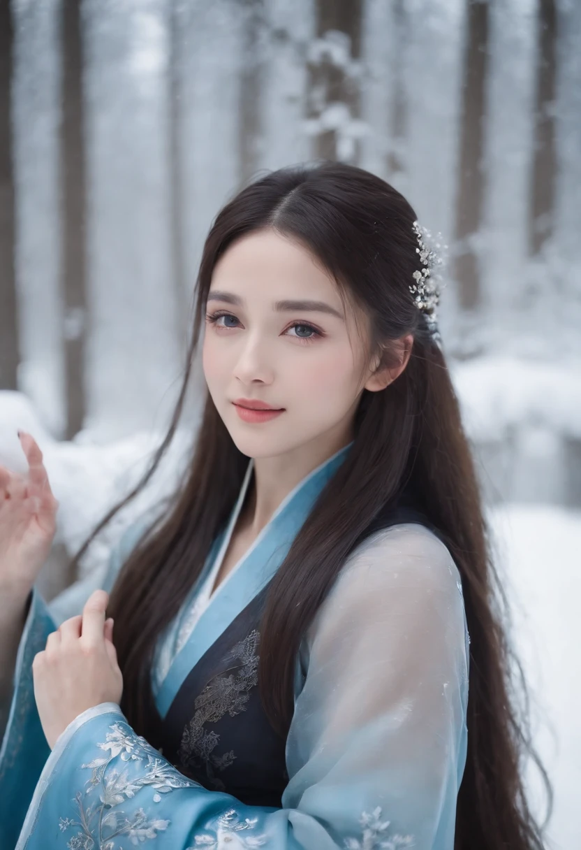 Best quality, 4K picture quality, 1girl, Nadia, blue eyes, blue Hanfu, snow, long black hair fluttering in the wind, healing smile, large aperture, blurred background, superpowered girl, frost Giants, frost elemental
