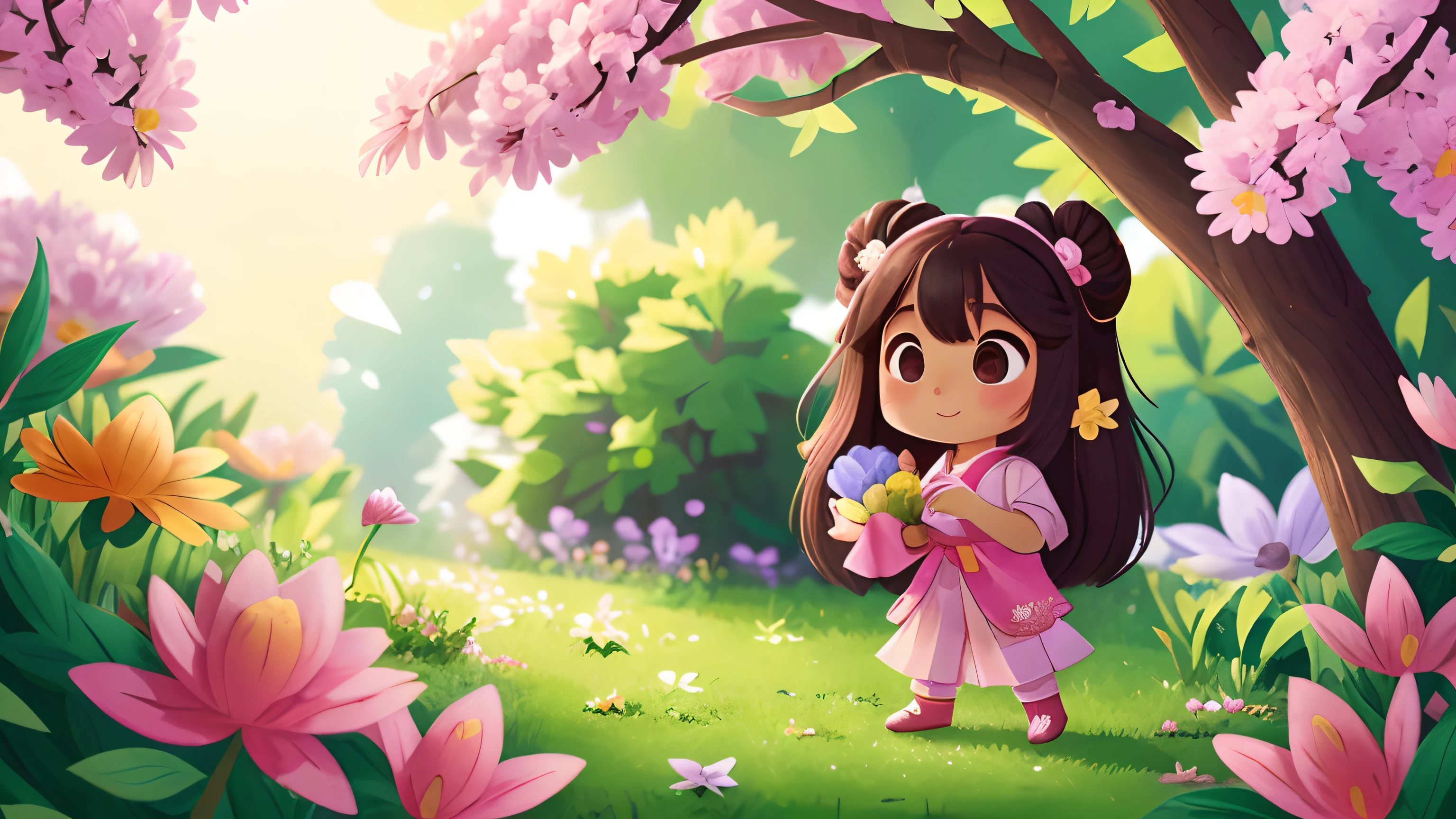 In a cute long-haired Zhuang little girl wearing pink Zhuang costume,Holding a piece of cloth and looking at it,The environment is outdoor,Flowers and trees,colorful flower(Best quality, 4K, A high resolution), Ultra-detailed, (Realistic:1.37), sportrait, Vivid colors, Natural lighting.