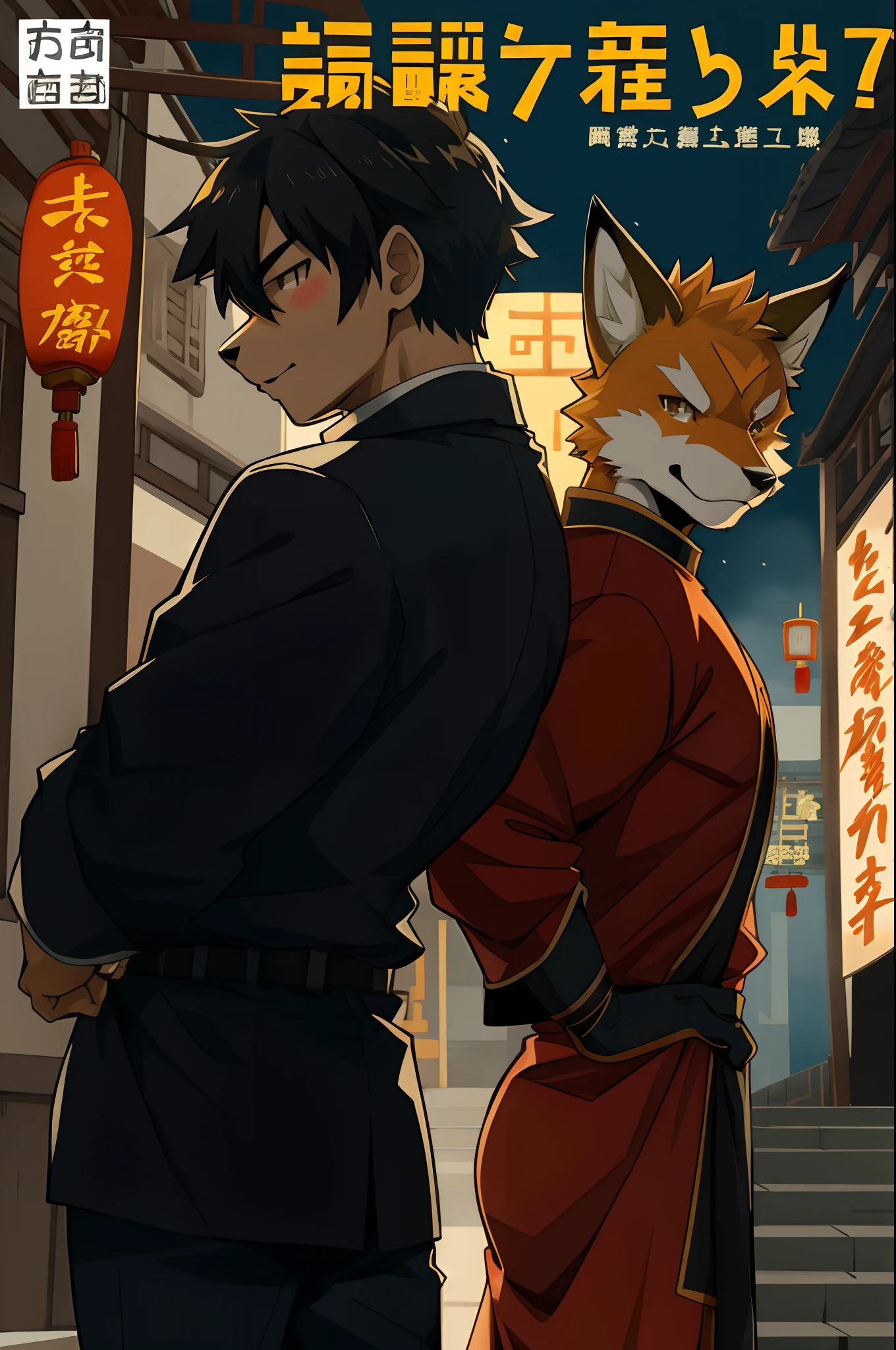 A doujinshi cover with a young male detective and a fox woman in a Chinese dress back to back, furry, kemono, with some elements of 007, battle manga,