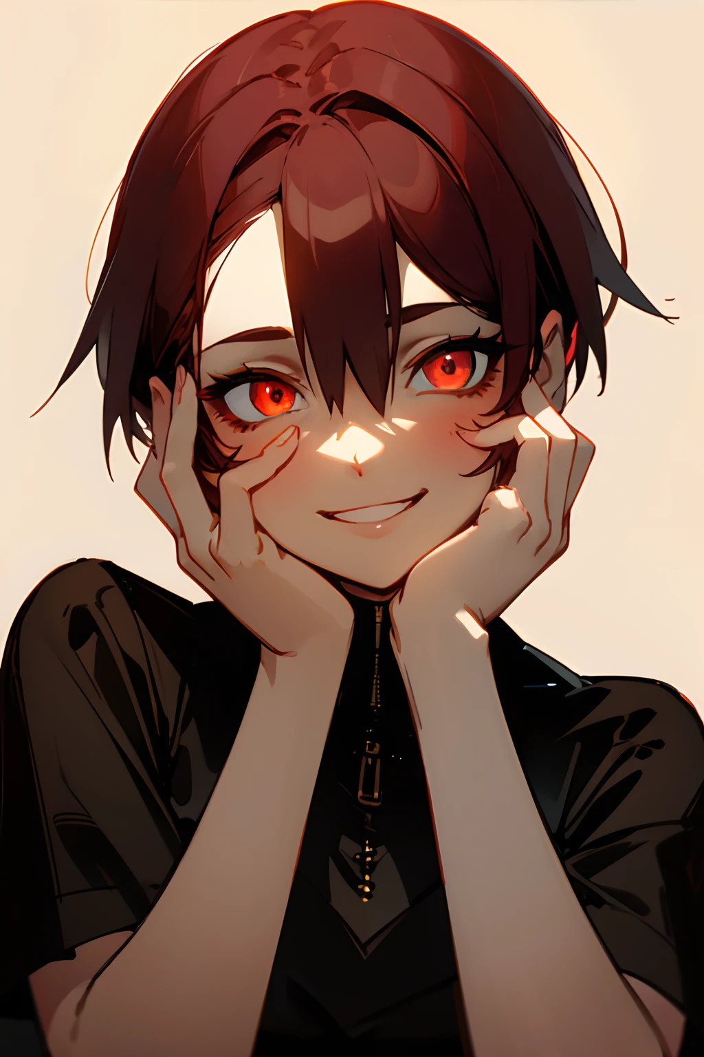 Dark environment,Wesker lamps,The light sources are as follows,Bottom-up light,1girll,Red pupil,grinning smile,hand on own face,hand on own cheek,looking at viewert