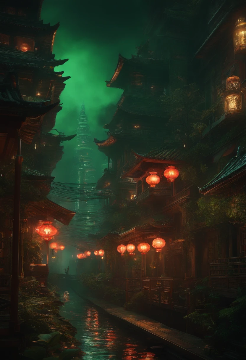 Cyberpunk city from sci-fi movie, night, shrouded in green smoke, bridge, old shop, Strange Tales from a Chinese Studio, red lanterns, ghosts roaming the streets, irregular, circuit boards, wires, intricate, super detailed, realistic, hyper Realistic, High Quality, Best, Super Detail, Crazy Detail, Very Detailed, Photorealistic, Epic Composition, Best Quality, 32k --v 6