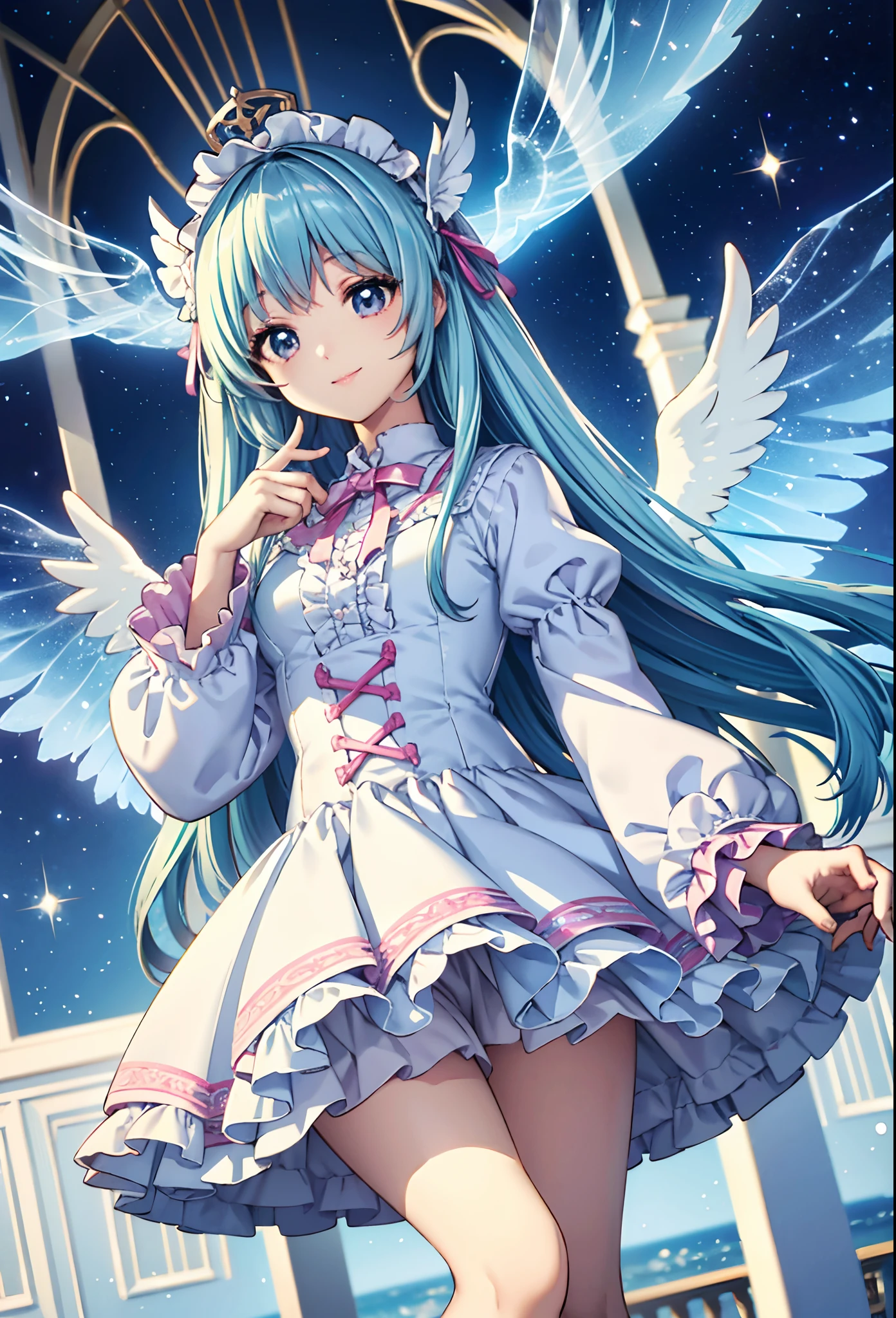 Cabello largo plateado, ojos verdes, petite, purple corset, wings, ram horns, sonrisa, happy, muslos hermosos, underwear, forest