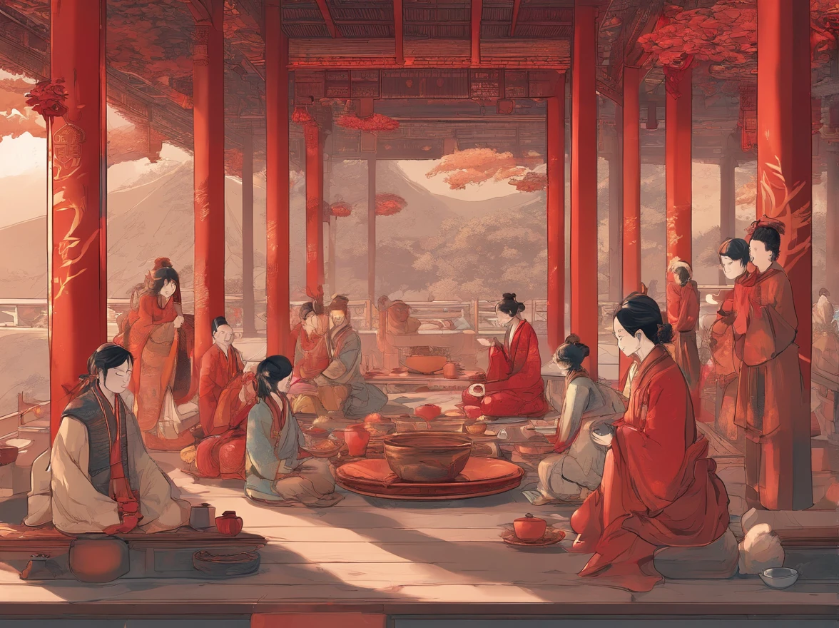 # Stable diffusion cues:

A (Best quality, 4K, 8K, High-res, Masterpiece:1.2), Ultra-detailed, (Realistic, Photorealistic, photo-realistic:1.37) Depicting chinoiserie scenes. in front of temple, There were two old women with gray hair wearing traditional red dresses, Sit on a small stool. Next to it are two large bowls，There is no lid, Aromatic, Hot porridge. many people around, Eagerly holding the bowl, Wait to serve with porridge. Natural sunlight illuminates the view, creating a warm and inviting atmosphere. vibrant with colors, Mix red, gold, and earth tones, Embodies traditional Chinese aesthetics. The overall composition is balanced, With the temple as a backdrop. The details of the temple architecture are intricate, Showcasing a rich cultural heritage. The old woman had a kind and wise expression on her face, Exudes a feeling of warmth and tranquility. The surrounding crowd is varied, Including men, Women, and children of different ages, Everyone eagerly waits to enjoy a delicious meal together. The atmosphere is full of anticipation and happiness, Create a sense of community and solidarity.