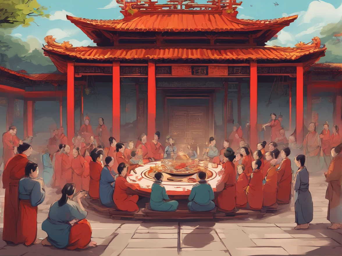 # Stable diffusion cues:
A (Best quality, 4K, 8K, High-res, Masterpiece:1.2), Ultra-detailed, (Realistic, Photorealistic, photo-realistic:1.37) Depicting chinoiserie scenes. in front of temple, There were two old women with gray hair wearing traditional red dresses, Sit on a small stool. Next to it are two large bowls,There is no lid, Aromatic, Hot porridge. many people around, Eagerly holding the bowl, Wait to serve with porridge. Natural sunlight illuminates the view, creating a warm and inviting atmosphere. vibrant with colors, Mix red, gold, and earth tones, Embodies traditional Chinese aesthetics. The overall composition is balanced, With the temple as a backdrop. The details of the temple architecture are intricate, Showcasing a rich cultural heritage. The old woman had a kind and wise expression on her face, Exudes a feeling of warmth and tranquility. The surrounding crowd is varied, Including men, Women, and children of different ages, Everyone eagerly waits to enjoy a delicious meal together. The atmosphere is full of anticipation and happiness, Create a sense of community and solidarity.