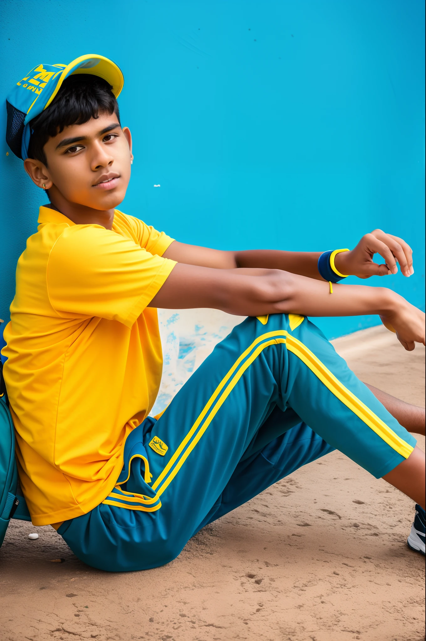 boy sitting on the ground with a backpack and tennis racket, casual photography, jayison devadas style, jayison devadas, shot on nikon z9, cool pose, candid picture, very cool pose, in blue and yellow clothes, with a cool pose, casual pose, very artistic pose, teenage boy, taken with sony alpha 9, stylish pose, male teenager