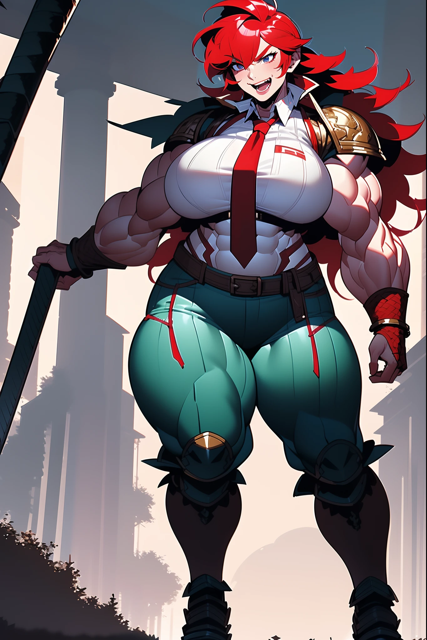 masterpiece, best quality, tomboy, warrior, berserker, tall female, muscular female, living hair, sauvage,, medieval clothing, fantasy, fantasy weapon, huge breasts, barbarian pants, combat boots, red hair, crazy smile, open mouth, biceps, necktie, thick arms,long hair,pants, pullover,armor