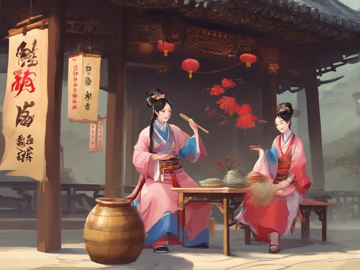 China-style，In front of the temple，Two women dressed in traditional Zhuang costumes sat on chairs，Next to them were two large porridge buckets，In the bucket is delicious hot porridge with fragrant aroma。Two large porridge buckets were pasted with yellow paper