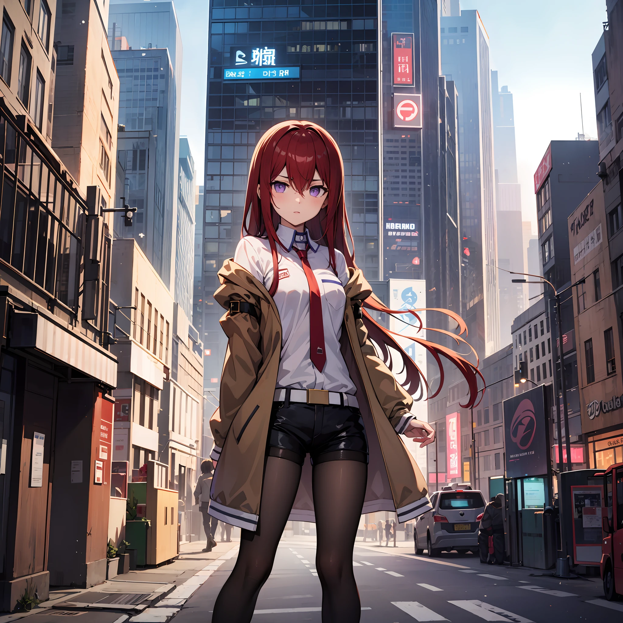 kurisu makise, hair between eyes, hair over shoulder, long hair, (purple eyes:1.1), red hair, straight hair, black pantyhose, black shorts, brown coat, coat, collared shirt, long sleeves, necktie, pantyhose, pantyhose under shorts, shirt, short shorts, shorts, sleeves past wrists, white shirt, wing collar, Standing against a wall in a cyberpunk city of the future, staring ahead with a detached gaze