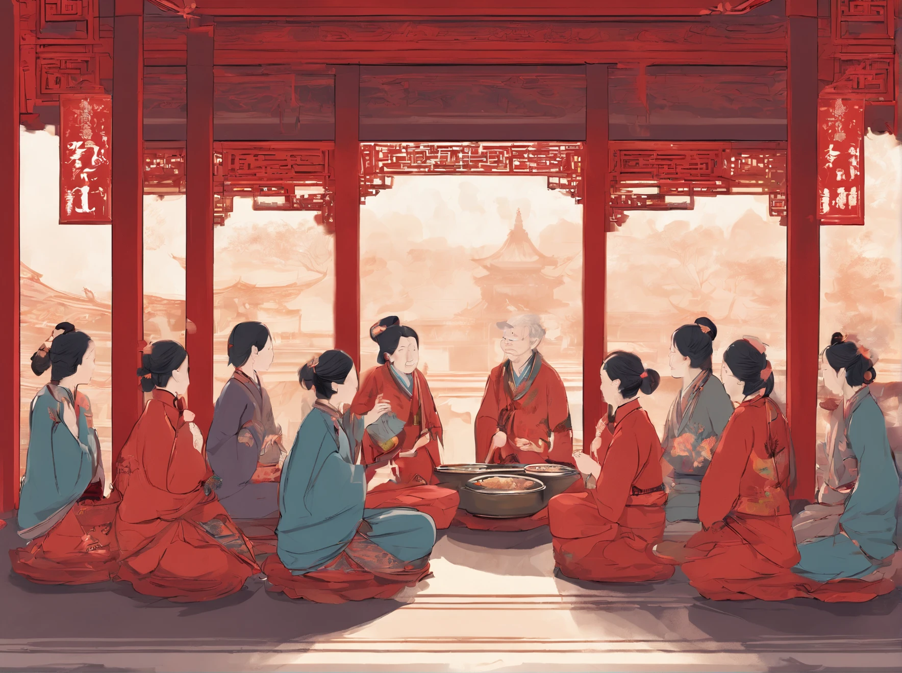 # Stable diffusion cues:

A (Best quality, 4K, 8K, High-res, Masterpiece:1.2), Ultra-detailed, (Realistic, Photorealistic, photo-realistic:1.37) Depicting chinoiserie scenes. in front of temple, There were two old women with gray hair wearing traditional red dresses, Sit on a small stool. Next to it are two large bowls，There is no lid, Aromatic, Hot porridge. many people around, Eagerly holding the bowl, Wait to serve with porridge. Natural sunlight illuminates the beautiful scene, creating a warm and inviting atmosphere. vibrant with colors, Mix red, gold, and earth tones, Embodies traditional Chinese aesthetics. The overall composition is balanced, With the temple as a backdrop. The details of the temple architecture are intricate, Showcasing a rich cultural heritage. The old woman had a kind and wise expression on her face, Exudes a feeling of warmth and tranquility. The surrounding crowd is varied, Including men, Women, and children of different ages, All eagerly waiting to enjoy a delicious meal together. The atmosphere is full of anticipation and happiness, Create a sense of community and solidarity.