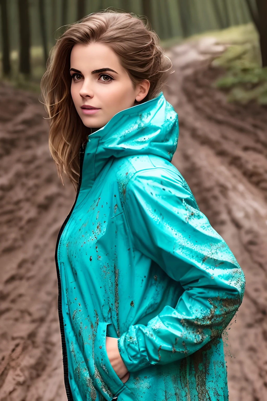 Hyperrealistisches Foto von einer kurzhaarigen schwarzhaarigen Frau, braces, Slip an den Beinen herunter gerutscht, muddy buttocks, the woman is wearing a white transparent rain jacket, die Regenjacke ist mit Schlammspritzern verschmutzt, Stringslip, hold-up stockings red soiled with mud splashes, Gotisch, kurzhaarfrisur 80er Jahre Dauerwelle, Lucy Boynton, Cup size C, 80er Jahre Frisur, pink Suspenders next to the breasts, 30 Jahre alt, The free small breasts are smeared with mud, small boobs, Mud runs all over her body, Halskette, das Gesicht ist mit Schlammspritzern verschmutzt, kurze Haare sind hochtoupiert, Haare sind mit Schlamm verschmiertg, die beiden Frauen sind mit Schlamm verschmiert, High Heel Sandaletten mit Schlamm beschmiert, die High heel Sandaletten schauen aus dem Schlamm, High quality, realistische Beleuchtung, Bildmitte, Sanduhrproportionen, 8K, HDR, small boobs, lange Beine, professionelle Fotografie einer Frau, natural skin texture smeared with a lot of mud, 4K-Texturen, Adobe Lightroom, Fotolabor, HDR, kompliziert, elegant, sehr detailliert, scharfer Fokus, wahnsinnige Details, komplizierte Details, hyperdetailliert, Helles Kinolicht, Außenatmosphäre, Kinn hochgezogen, Mund halboffen,