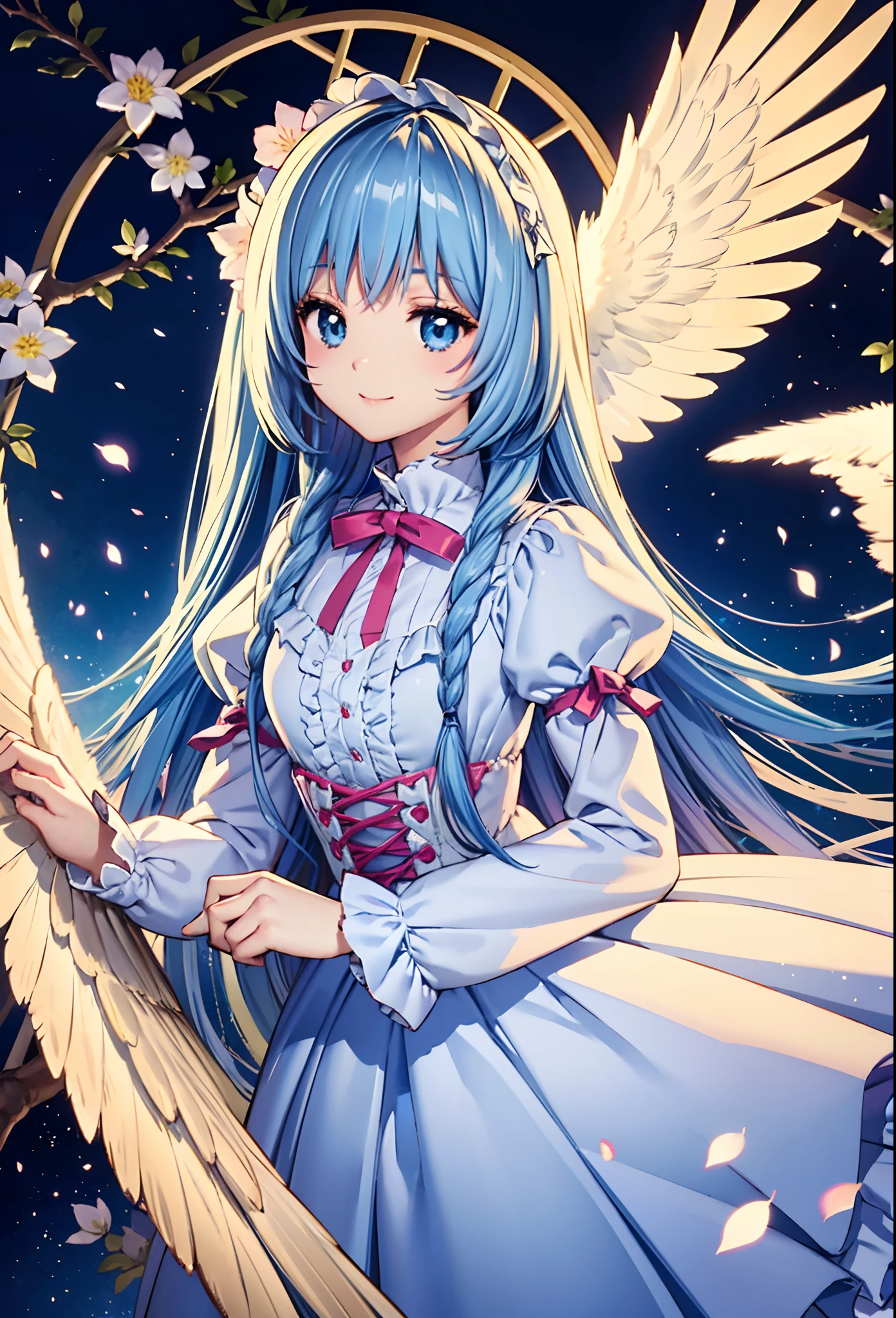 Angel wings shining in seven colors、Kawaii Girl、adorable smiling、Light blue long hair、Twin-tailed、Colorful angel costume in ta style with ruffles、A blizzard of fluttering flowers(Some photos)、((top-quality))、((​masterpiece))、(ighly detailed、highestdetailed、Official art、Beautifully Aesthetic:1.2)