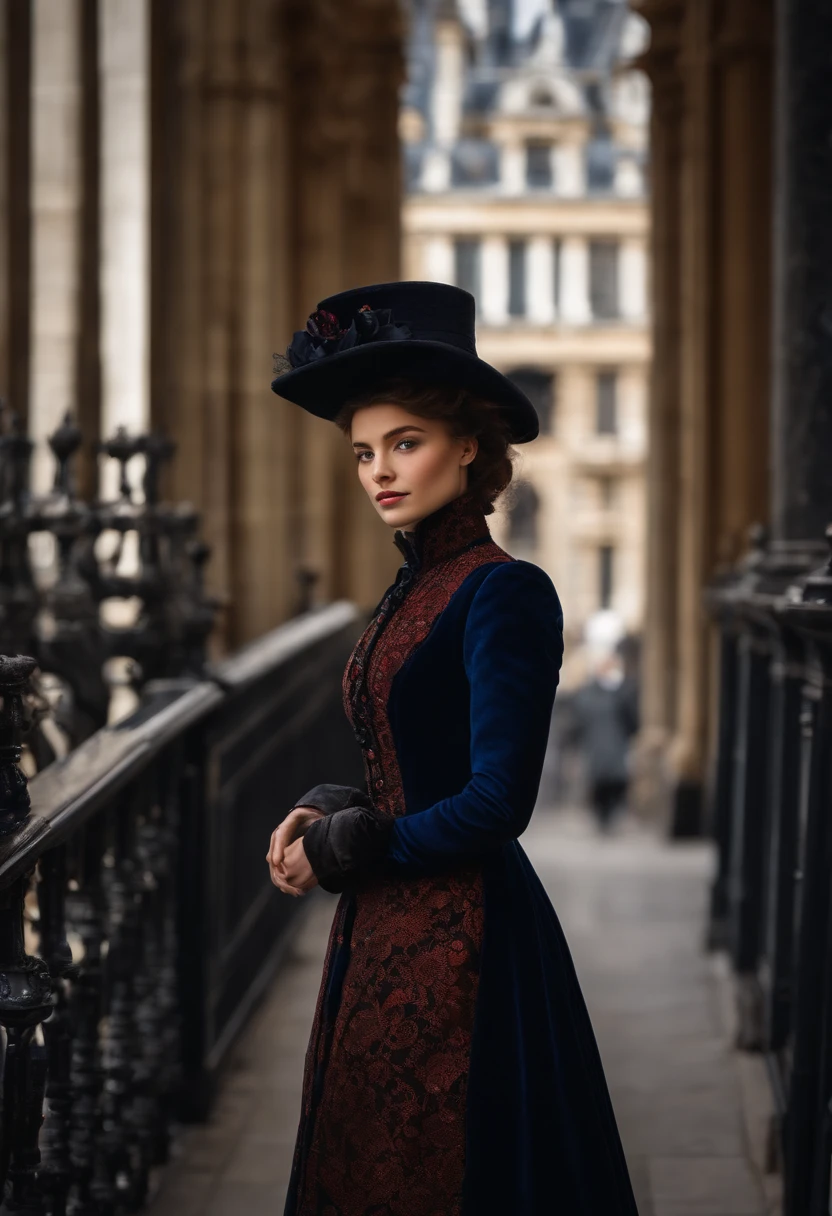 Femme, 20 ans, belle, FORTE, ORIGINE FRANCAIS , Black Victorian Dress with Dark Blue Coat, Ville de Londres