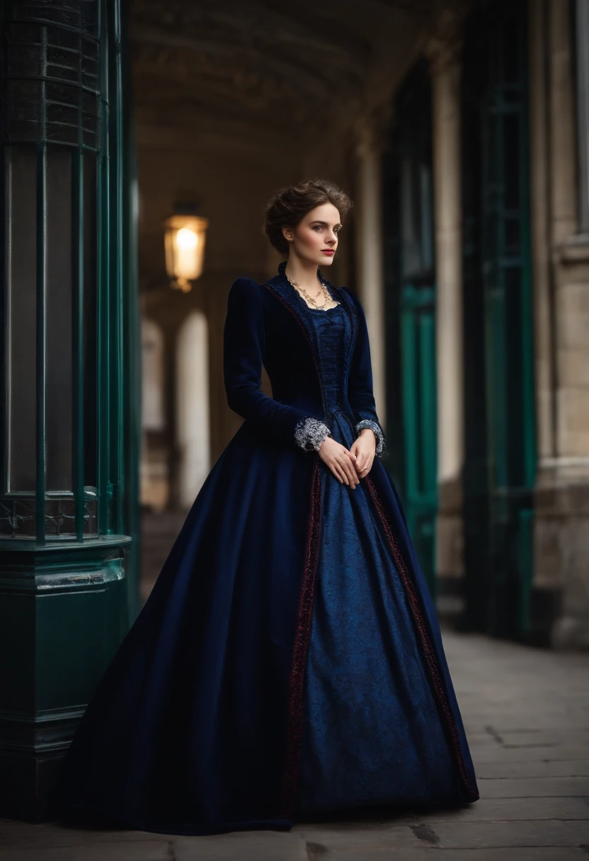Femme, 20 ans, belle, FORTE, ORIGINE FRANCAIS , Black Victorian Dress with Dark Blue Coat, Ville de Londres