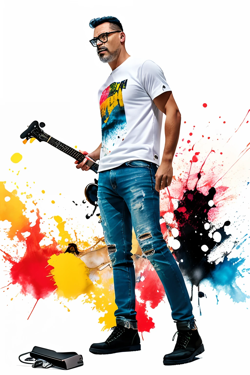 guttojugg1, Imagine a T-shirt print in a colorful splatter paint style featuring a man wearing glasses, a black rock T-shirt, black ripped jeans, and black combat boots, playing a Stratocaster guitar in a virtuoso pose. This illustration is highly detailed with intricate splashes of red, yellow, black, and blue. The background is white, accentuating the vibrant and expressive design. The T-shirt itself is not included in the scene; only the print is visible.