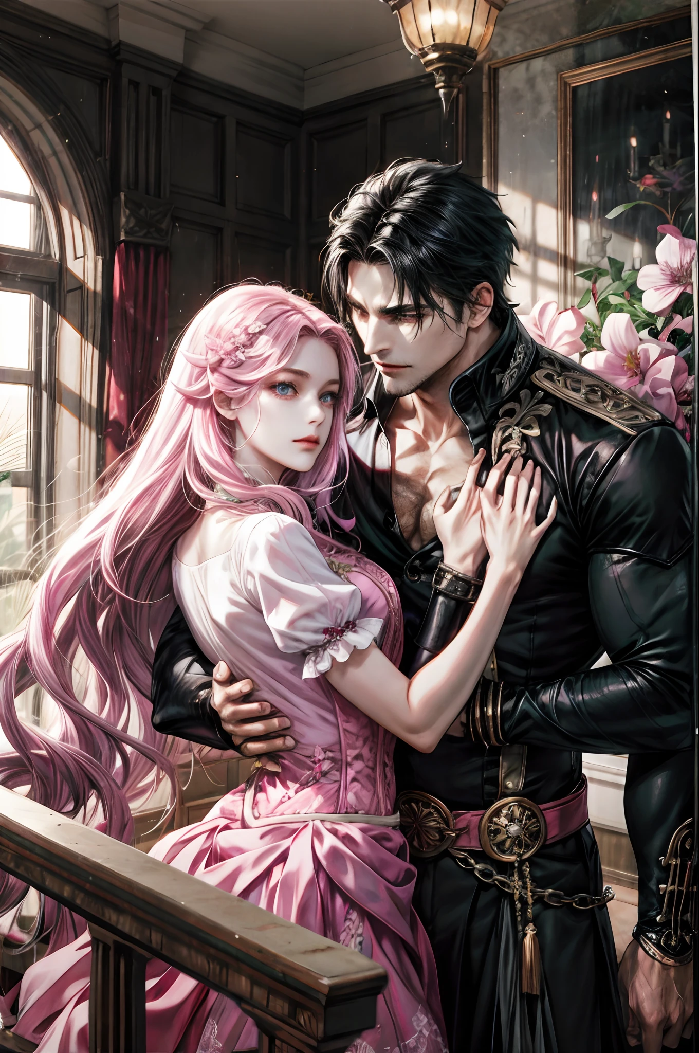 Criar uma anime, homem negro musculoso, Women's dress with pink filo skirt and a pink cropet blouse