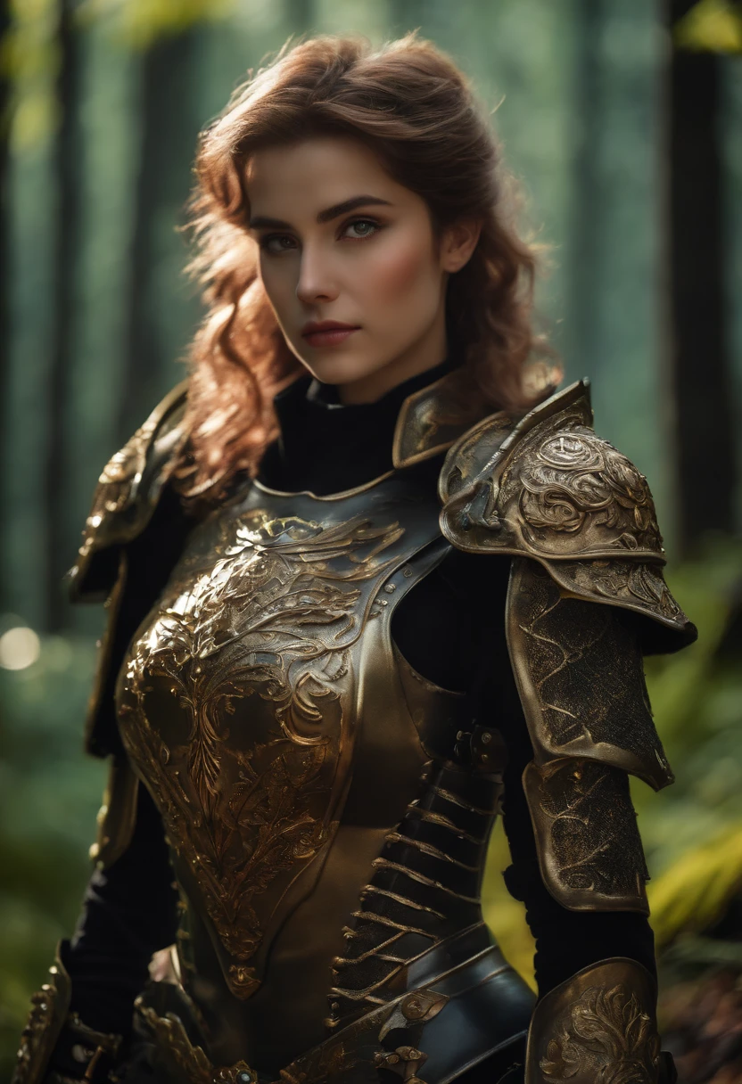 a sserafimsakura, perfect eyes, (ultra realistic:1.5), (standing in forest:1.2), (close-up photo:1.5), (black paladin armor:1.2), (intricate:1.2), (looking at camera:1.2), (best quality:1.2),