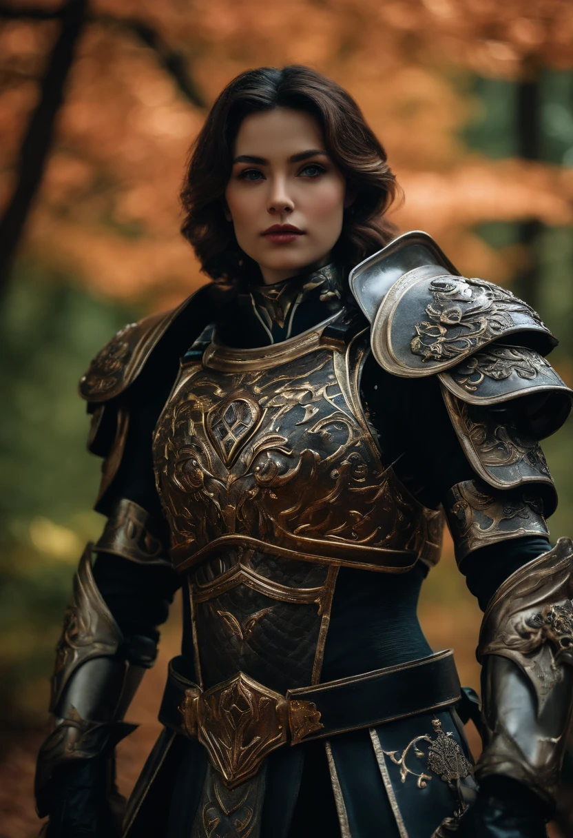 a sserafimsakura, perfect eyes, (ultra realistic:1.5), (standing in forest:1.2), (close-up photo:1.5), (black paladin armor:1.2), (intricate:1.2), (looking at camera:1.2), (best quality:1.2),