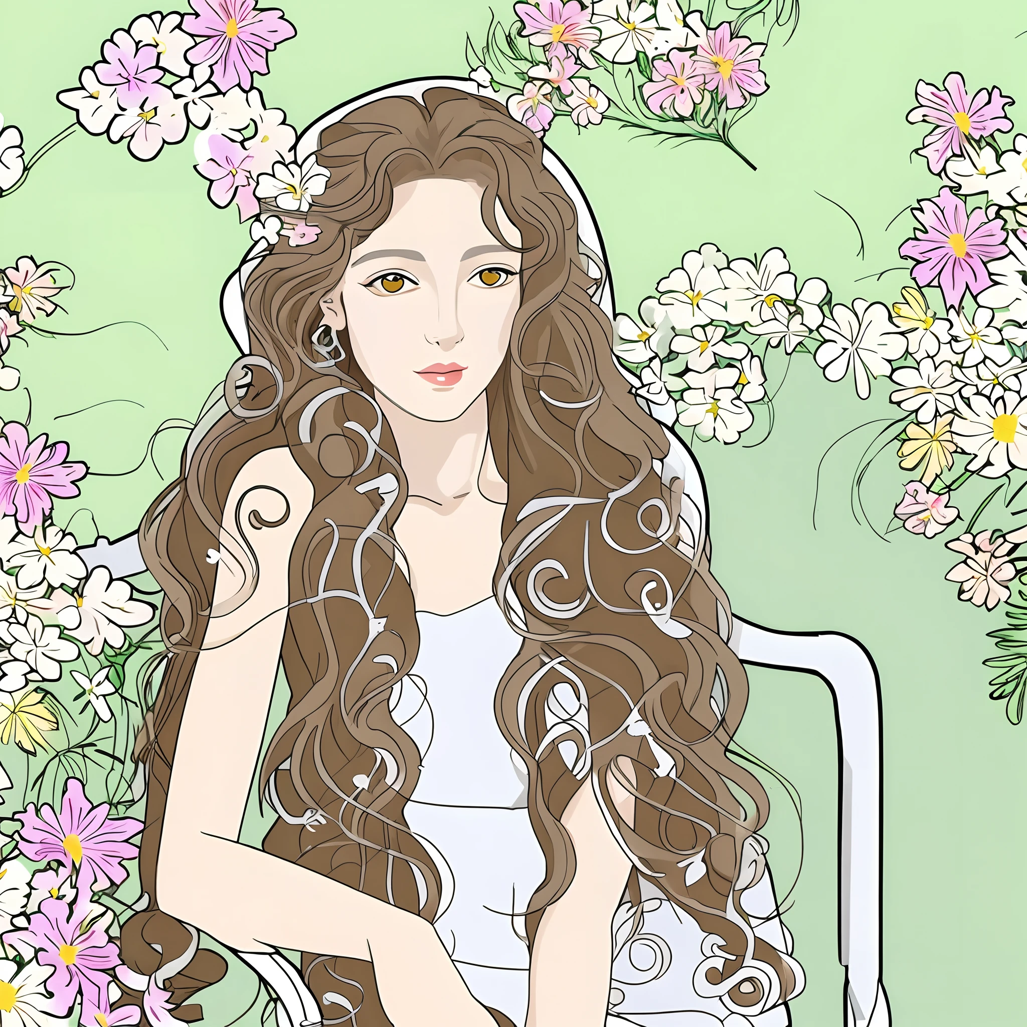 One girl, classical, long curly brown hair, beautiful eyes, high quality, white skin, sitting on a chair, surrounded by various flowers, low saturation, portrait, fine line drawing, fine detail, soft light –ar 5:7 –niji