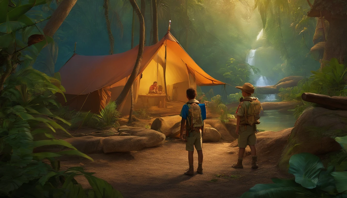 Boy scout, have neckecheft, in jungle, campping